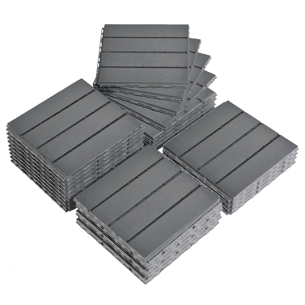 27-Pack Plastic Interlocking Deck Tiles – 11.8" x 11.8" Dark Grey, Waterproof Wood-Grain Finish, Indoor & Outdoor Patio Flooring | Free US Shipping