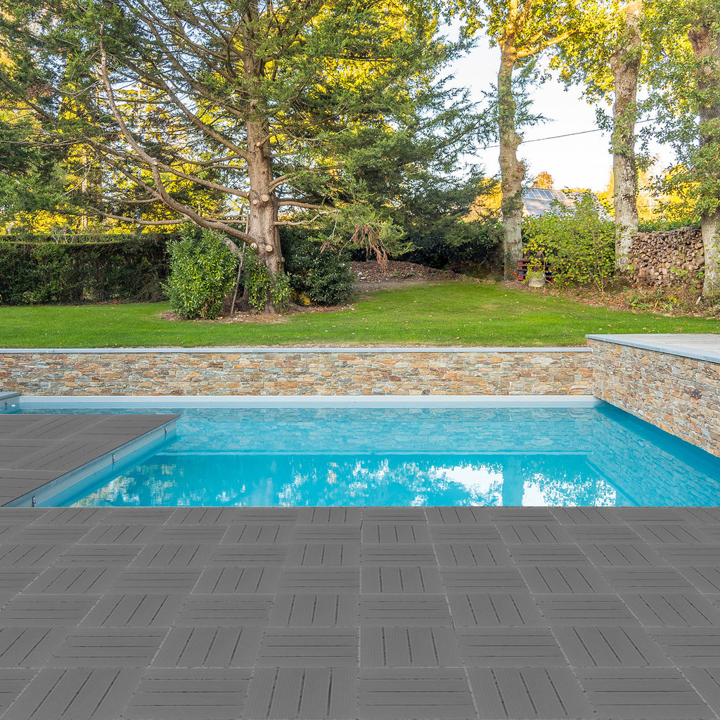 27-Pack Plastic Interlocking Deck Tiles – 11.8" x 11.8" Dark Grey, Waterproof Wood-Grain Finish, Indoor & Outdoor Patio Flooring | Free US Shipping