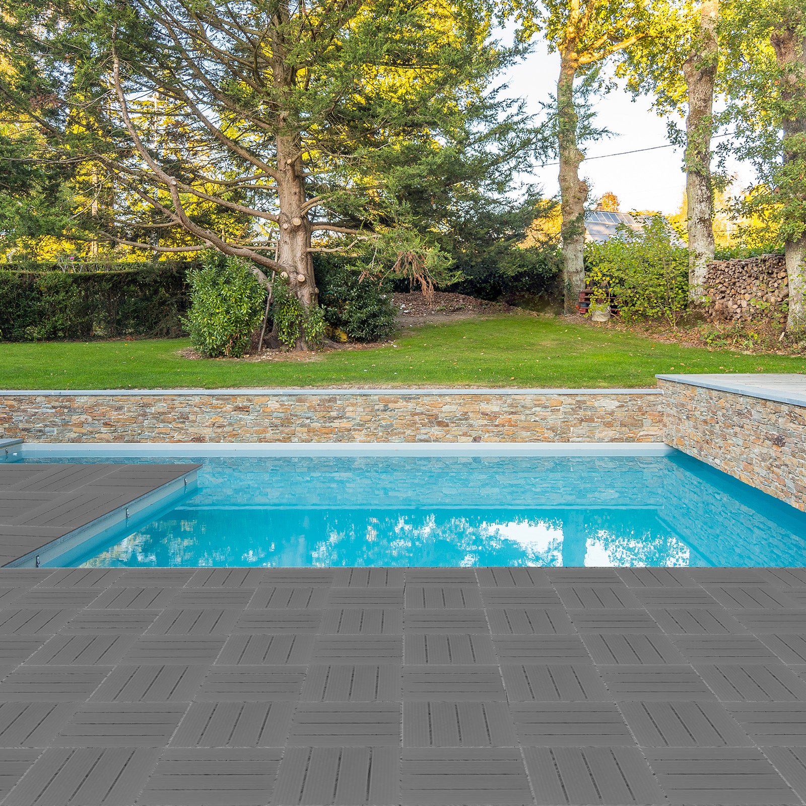 27-Pack Plastic Interlocking Deck Tiles – 11.8" x 11.8" Dark Grey, Waterproof Wood-Grain Finish, Indoor & Outdoor Patio Flooring | Free US Shipping