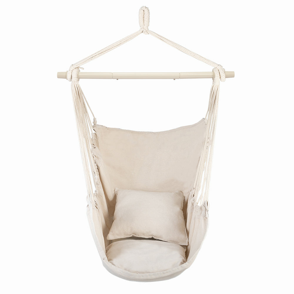 Cotton Canvas Hanging Rope Chair with 2 Pillows – Beige Hammock Swing Chair, 198 lb Capacity | Free US Shipping