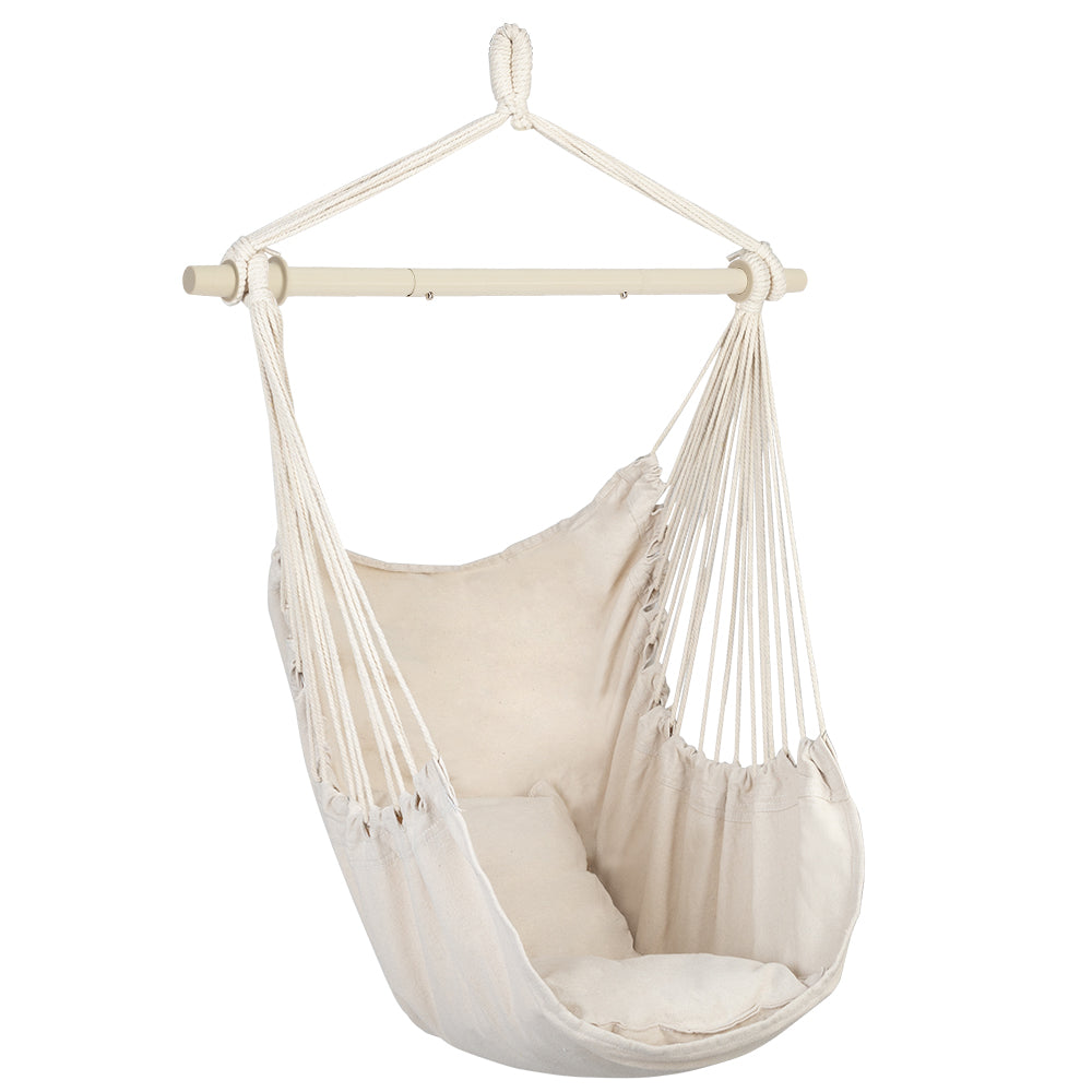 Cotton Canvas Hanging Rope Chair with 2 Pillows – Beige Hammock Swing Chair, 198 lb Capacity | Free US Shipping
