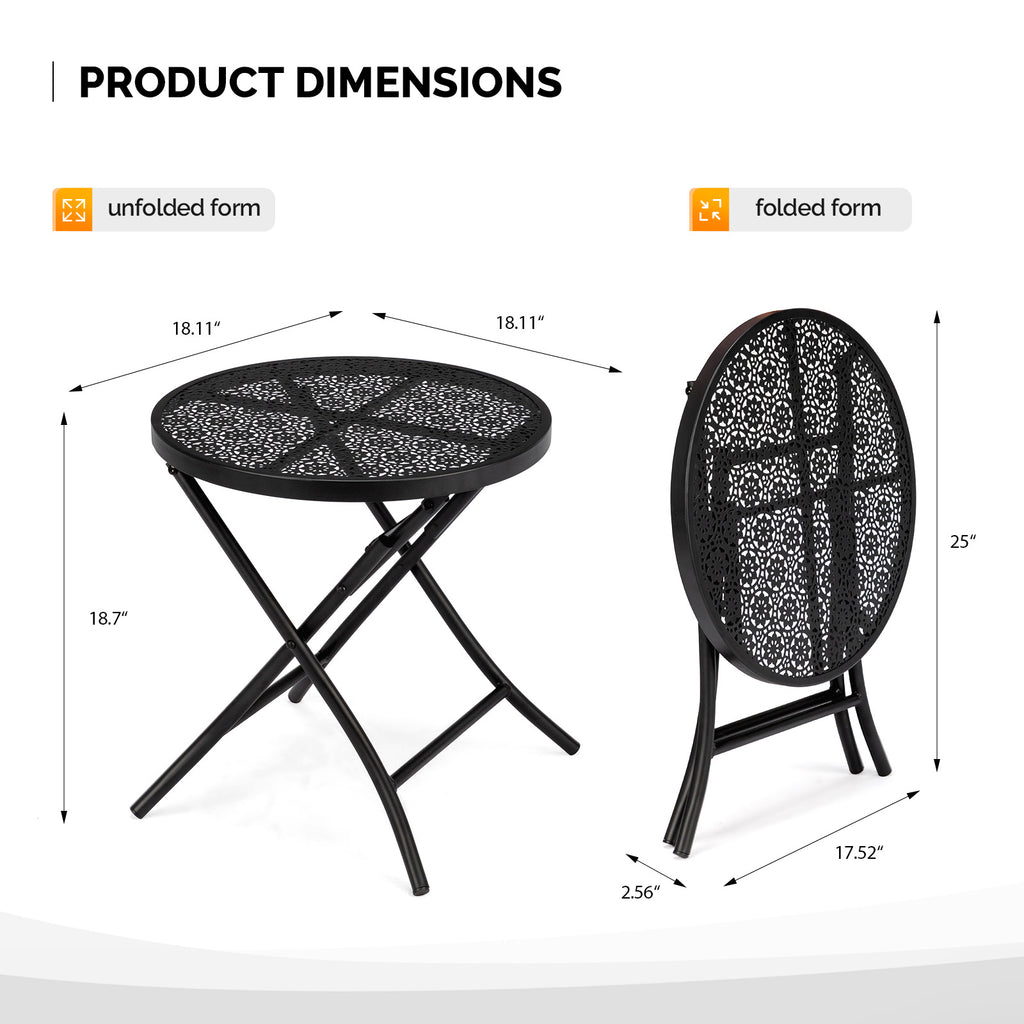 18-Inch Folding Patio Side Table with Flower Cutouts – Black Iron Outdoor Round Coffee Table | Free US Shipping