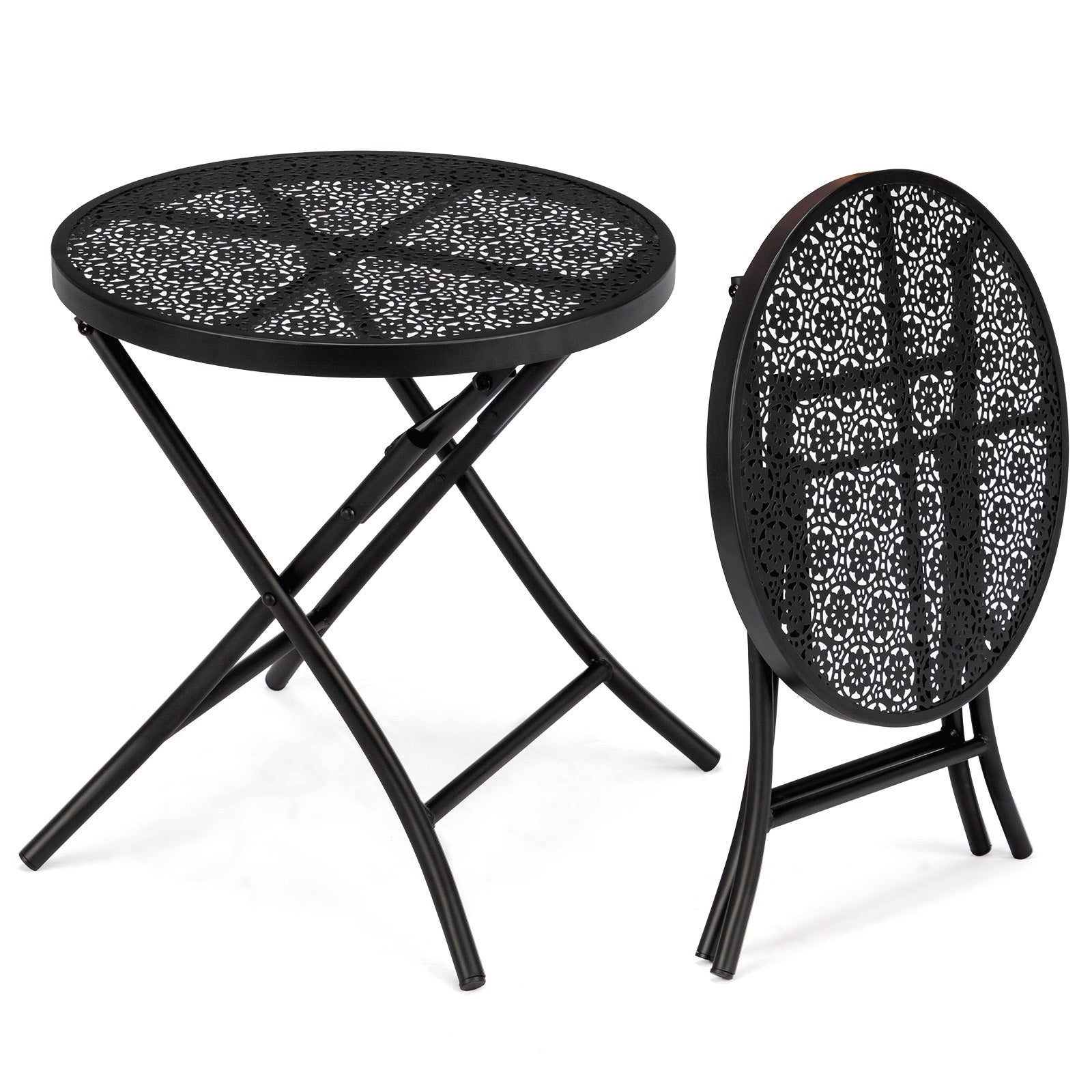 18-Inch Folding Patio Side Table with Flower Cutouts – Black Iron Outdoor Round Coffee Table | Free US Shipping