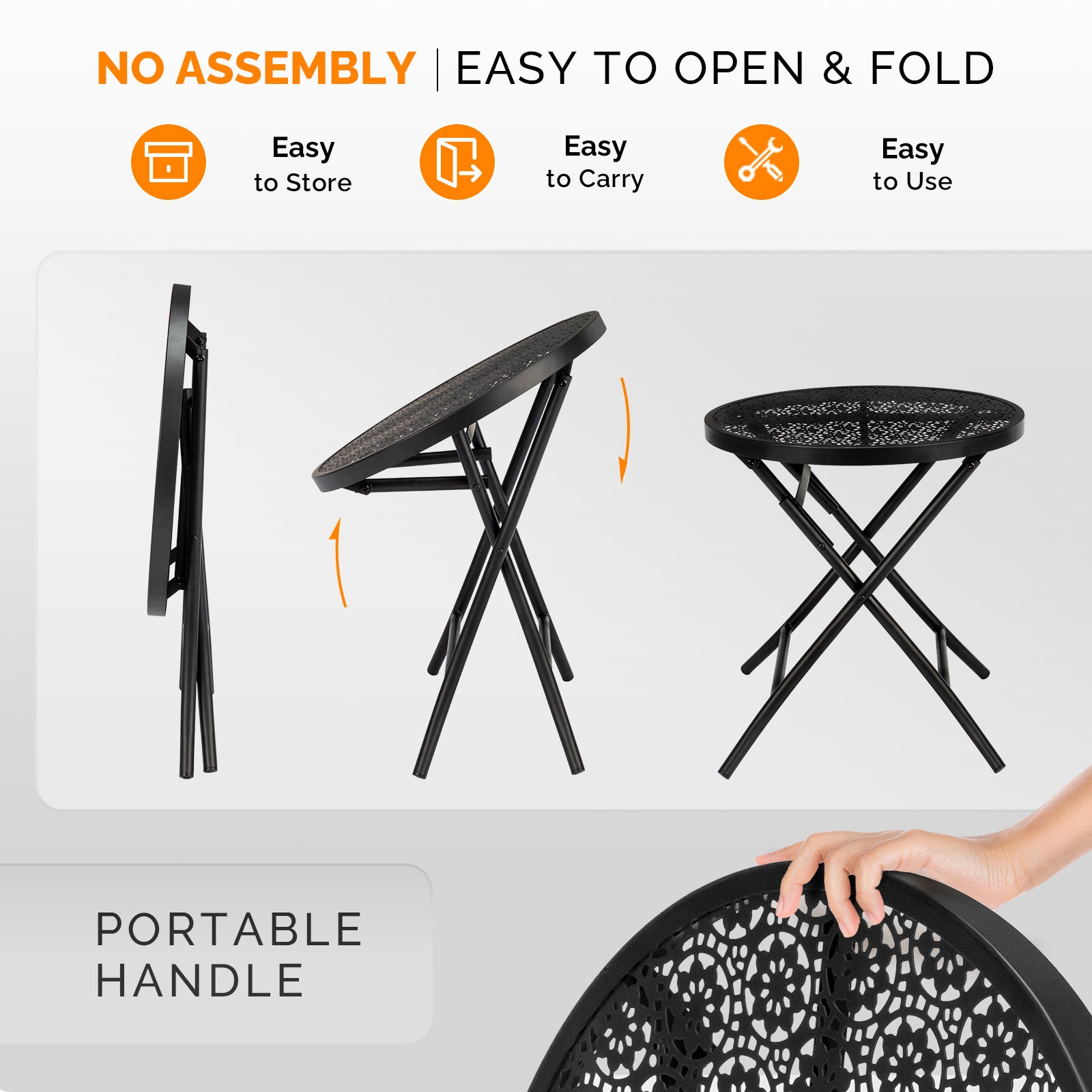 18-Inch Folding Patio Side Table with Flower Cutouts – Black Iron Outdoor Round Coffee Table | Free US Shipping