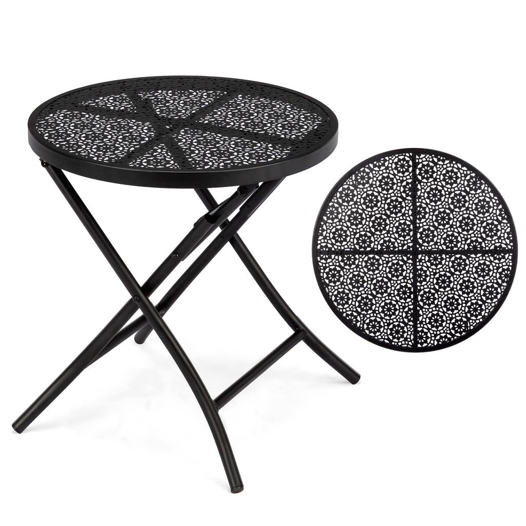 18-Inch Folding Patio Side Table with Flower Cutouts – Black Iron Outdoor Round Coffee Table | Free US Shipping