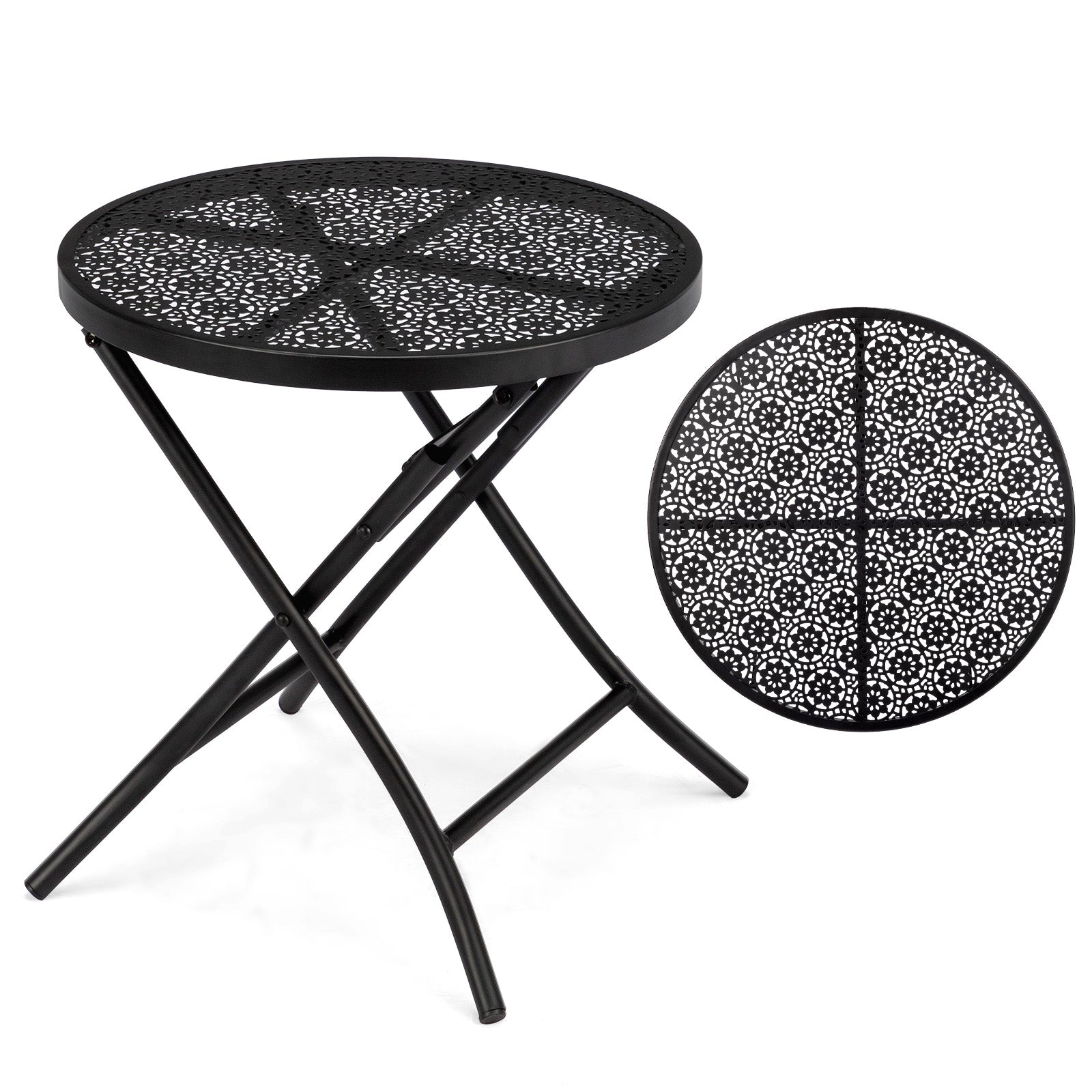 18-Inch Folding Patio Side Table with Flower Cutouts – Black Iron Outdoor Round Coffee Table | Free US Shipping