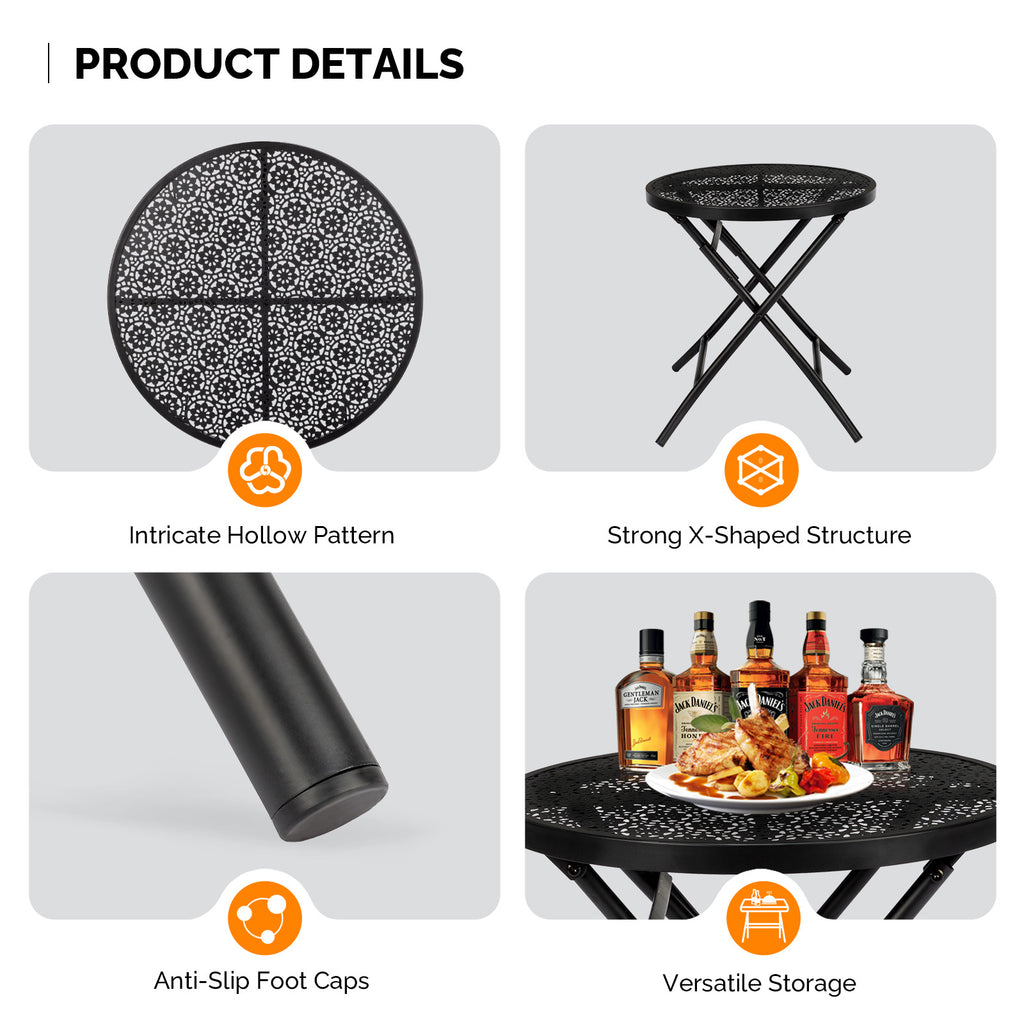 18-Inch Folding Patio Side Table with Flower Cutouts – Black Iron Outdoor Round Coffee Table | Free US Shipping