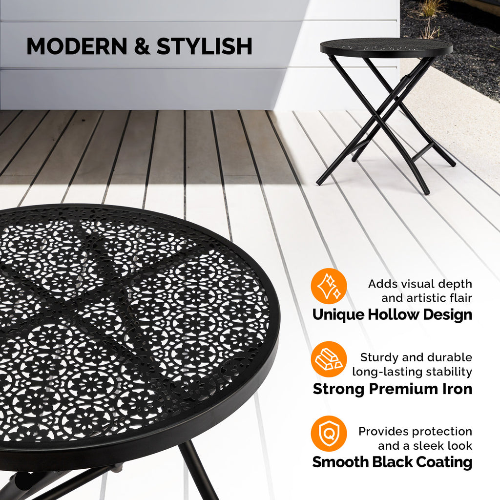 18-Inch Folding Patio Side Table with Flower Cutouts – Black Iron Outdoor Round Coffee Table | Free US Shipping