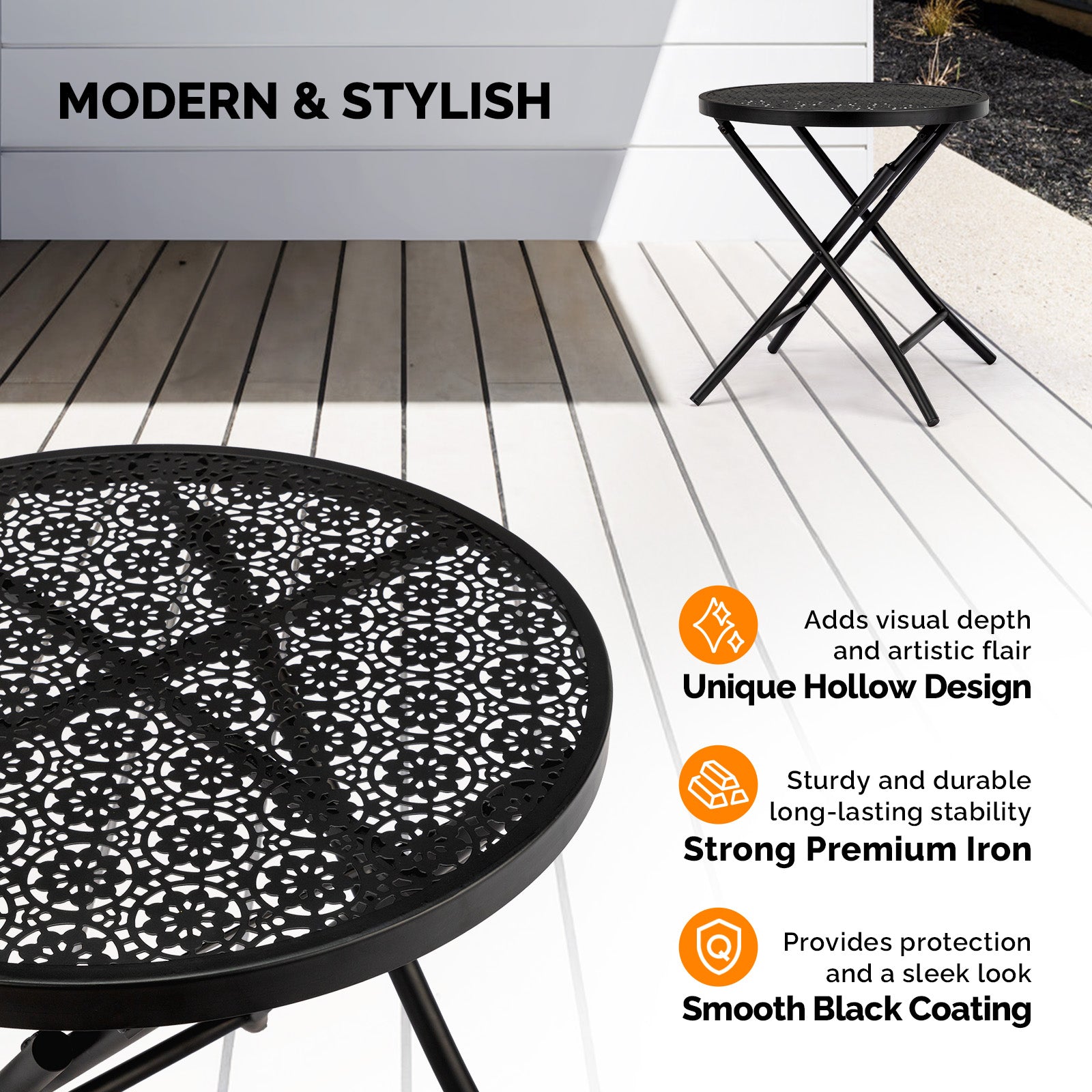 18-Inch Folding Patio Side Table with Flower Cutouts – Black Iron Outdoor Round Coffee Table | Free US Shipping