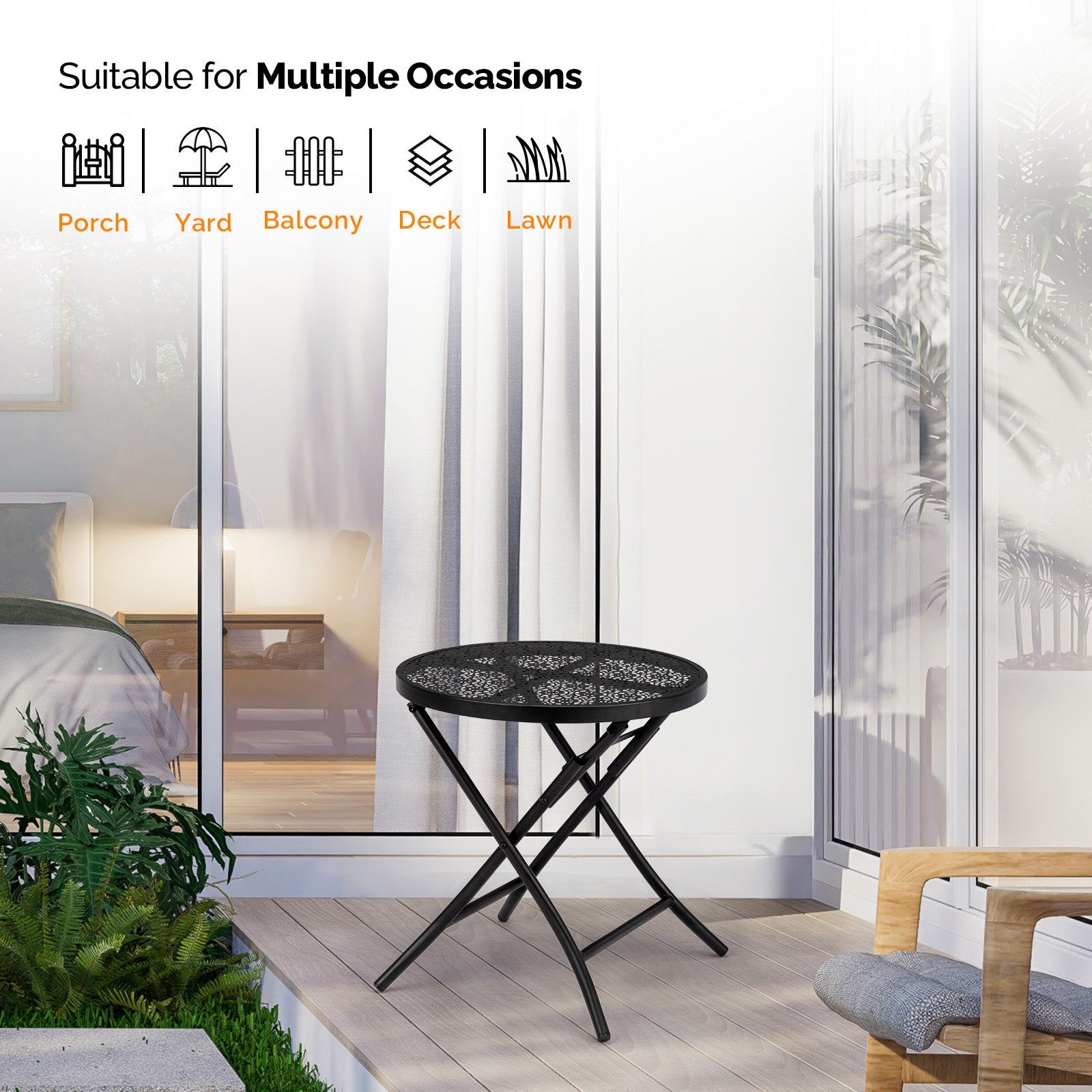 18-Inch Folding Patio Side Table with Flower Cutouts – Black Iron Outdoor Round Coffee Table | Free US Shipping