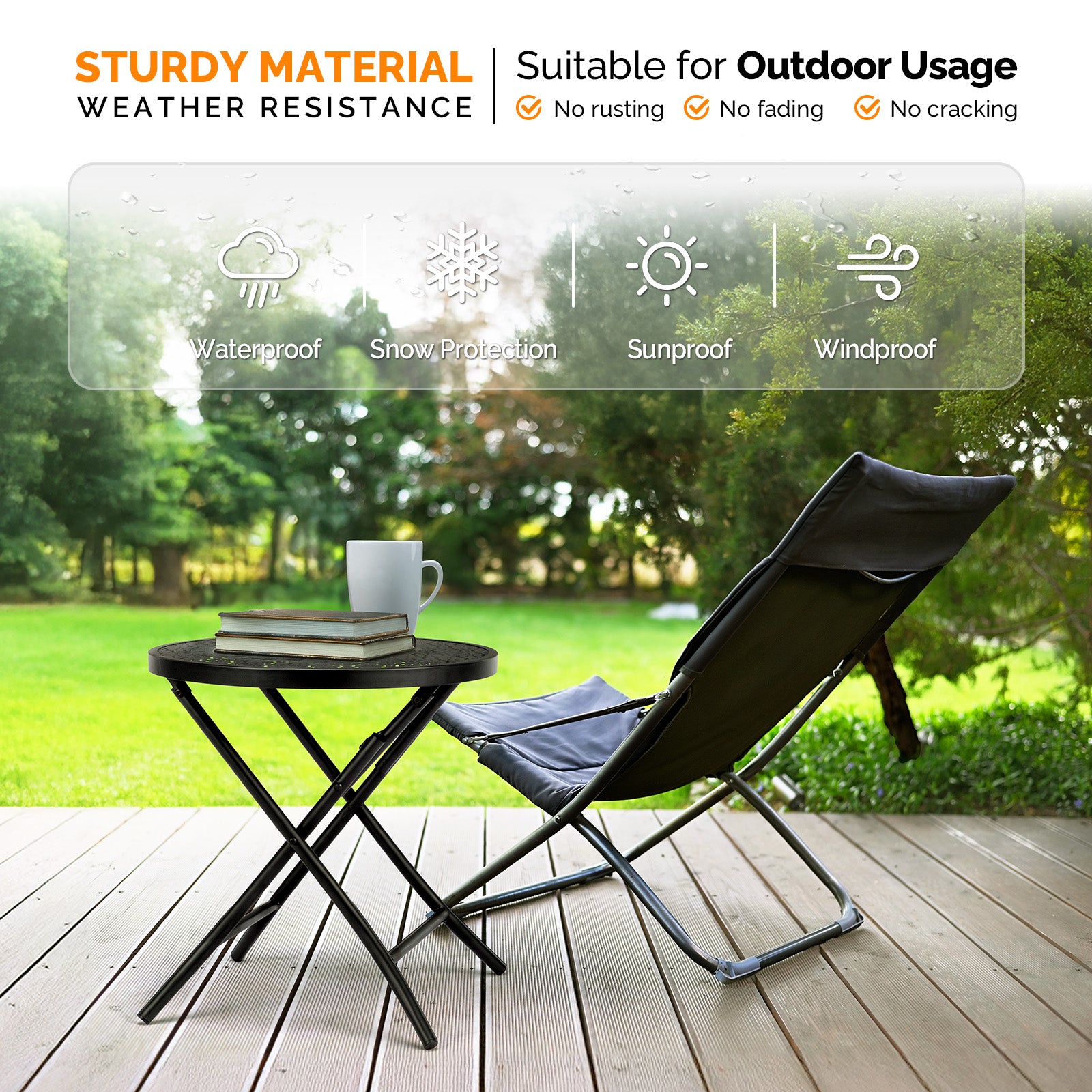 18-Inch Folding Patio Side Table with Flower Cutouts – Black Iron Outdoor Round Coffee Table | Free US Shipping