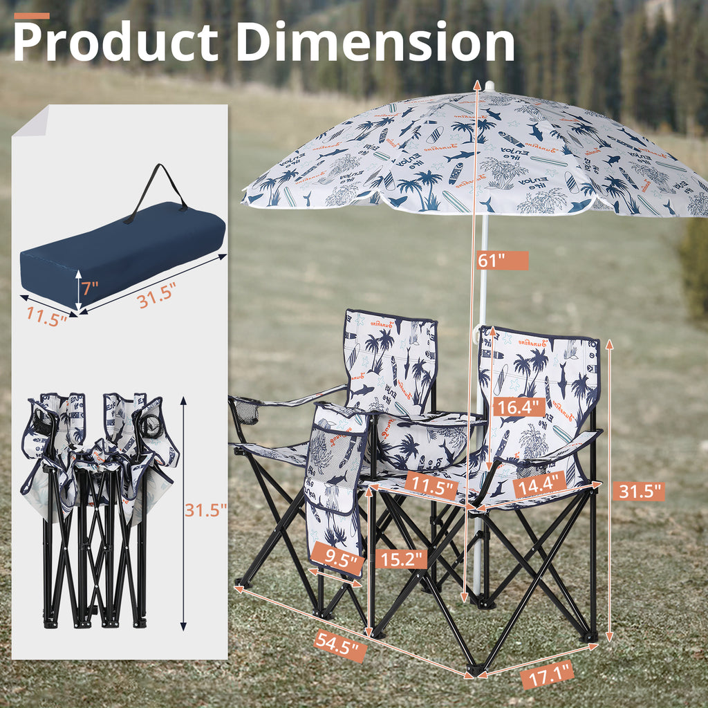 Portable Outdoor 2-Seat Folding Chair with Removable Sun Umbrella Coconut Tree