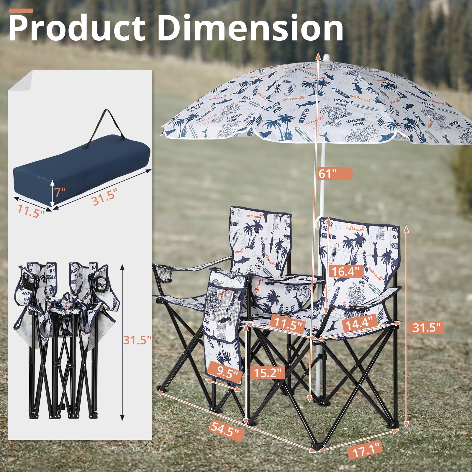 Portable Outdoor 2-Seat Folding Chair with Removable Sun Umbrella Coconut Tree