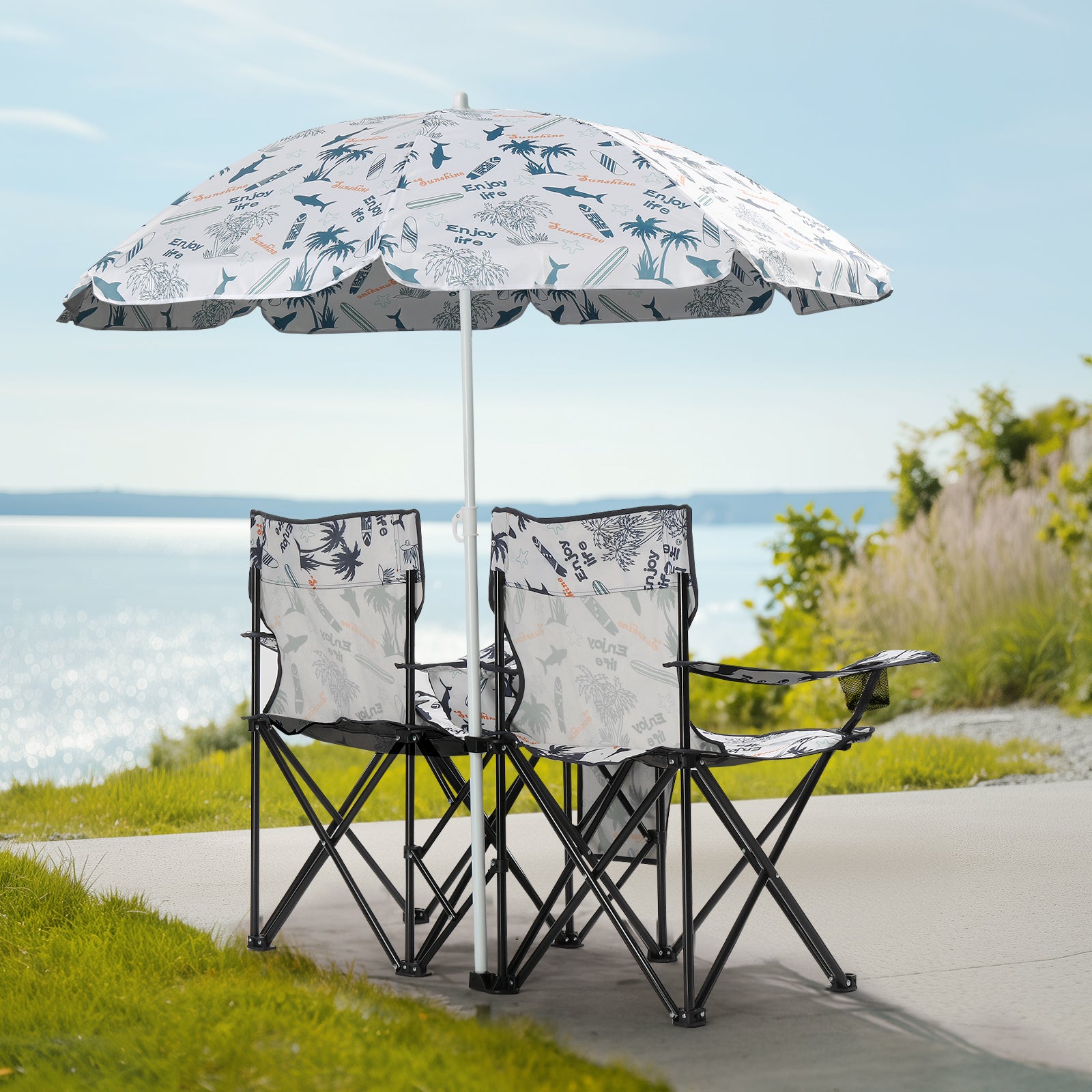 Portable Outdoor 2-Seat Folding Chair with Removable Sun Umbrella Coconut Tree