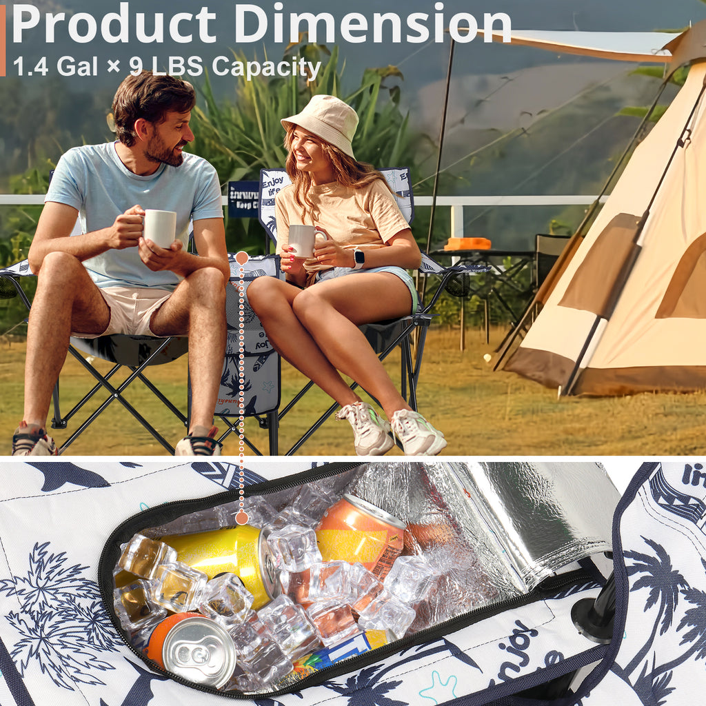 Portable Outdoor 2-Seat Folding Chair with Removable Sun Umbrella Coconut Tree