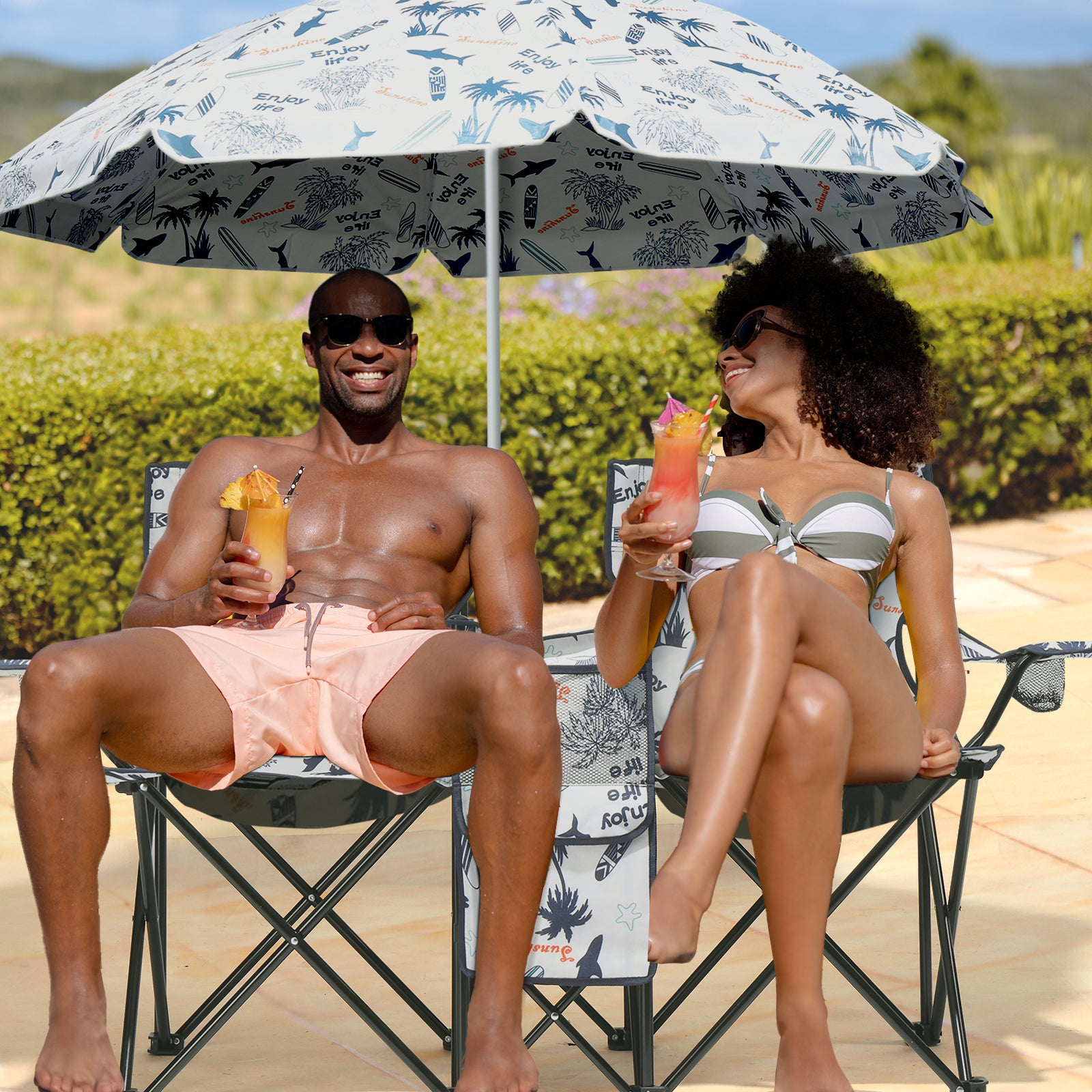 Portable Outdoor 2-Seat Folding Chair with Removable Sun Umbrella Coconut Tree