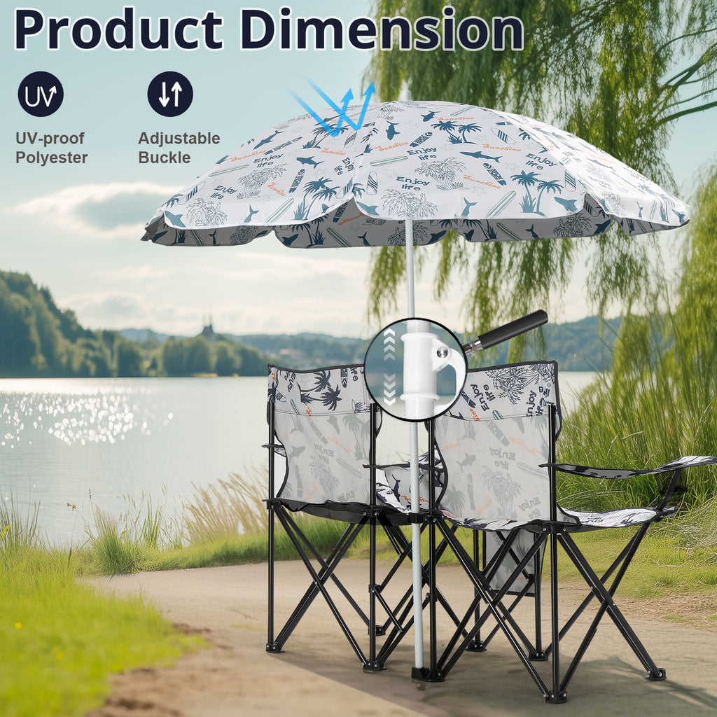 Portable Outdoor 2-Seat Folding Chair with Removable Sun Umbrella Coconut Tree