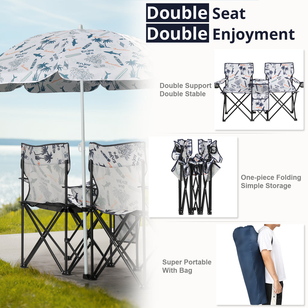 Portable Outdoor 2-Seat Folding Chair with Removable Sun Umbrella Coconut Tree