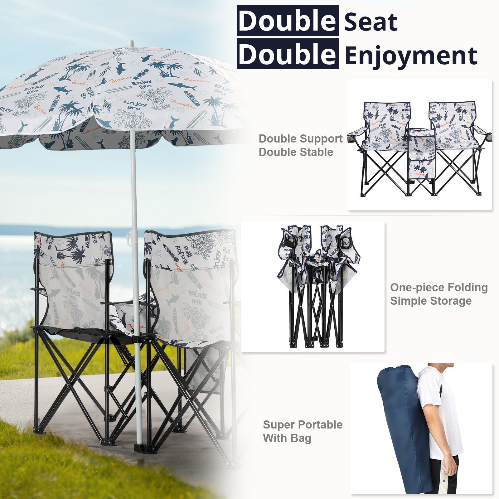 Portable Outdoor 2-Seat Folding Chair with Removable Sun Umbrella Coconut Tree