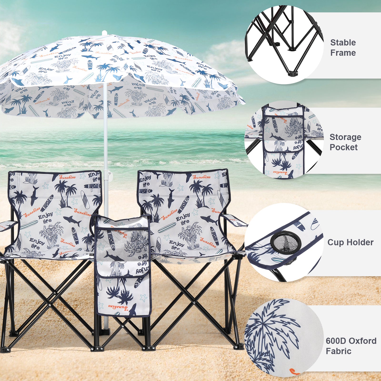 Portable Outdoor 2-Seat Folding Chair with Removable Sun Umbrella Coconut Tree