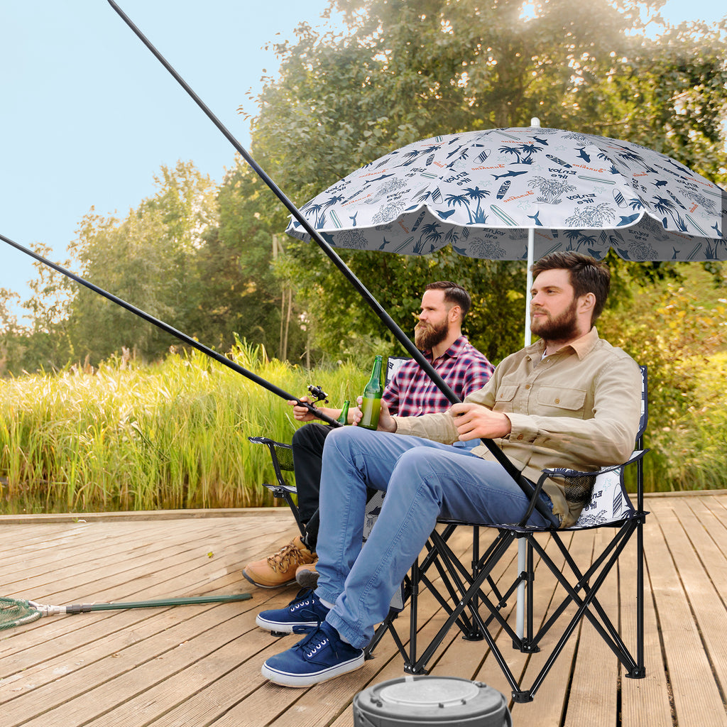 Portable Outdoor 2-Seat Folding Chair with Removable Sun Umbrella Coconut Tree
