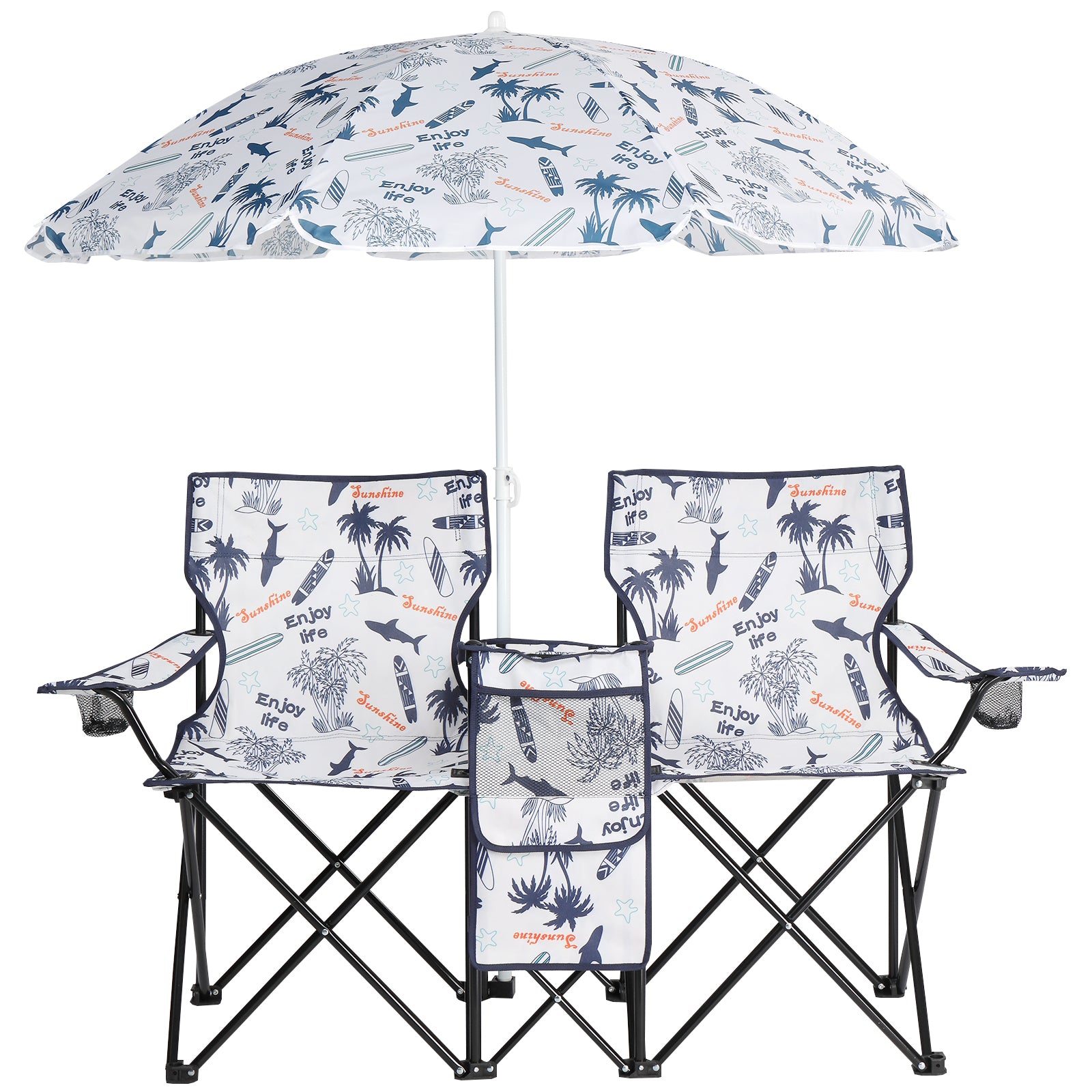 Portable Outdoor 2-Seat Folding Chair with Removable Sun Umbrella Coconut Tree