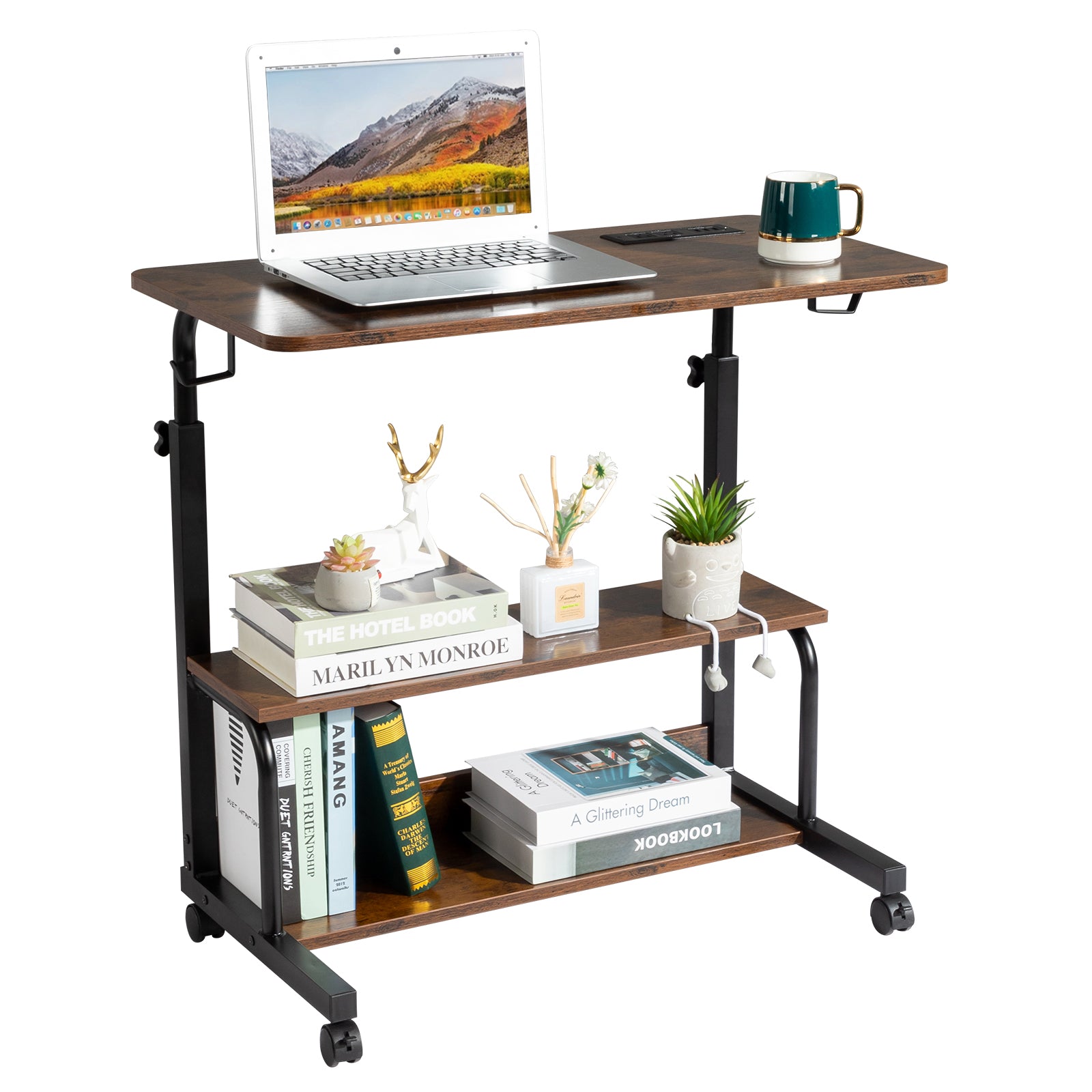 Adjustable Computer Desk with 3 USB & 2 AC Outlets – Height-Adjustable 80–104cm, Vintage Brown Finish | Free US Shipping