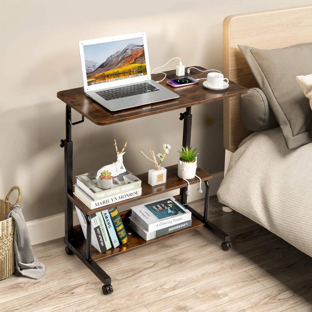 Adjustable Computer Desk with 3 USB & 2 AC Outlets – Height-Adjustable 80–104cm, Vintage Brown Finish | Free US Shipping