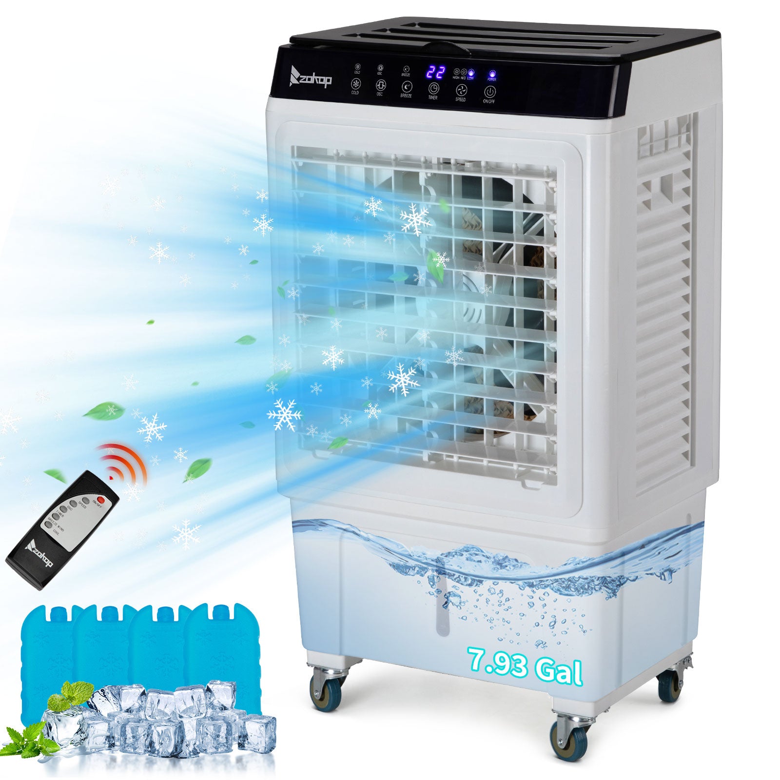 US STOCK FREE SHIPPING 3 in 1 Portable Evaporative Cooler,Indoor,Outdoor,2353CFM Personal Air Cooler with remote ,7.93 Gal Large Water Tank & Scroll Casters, 4 Ice Packs,White