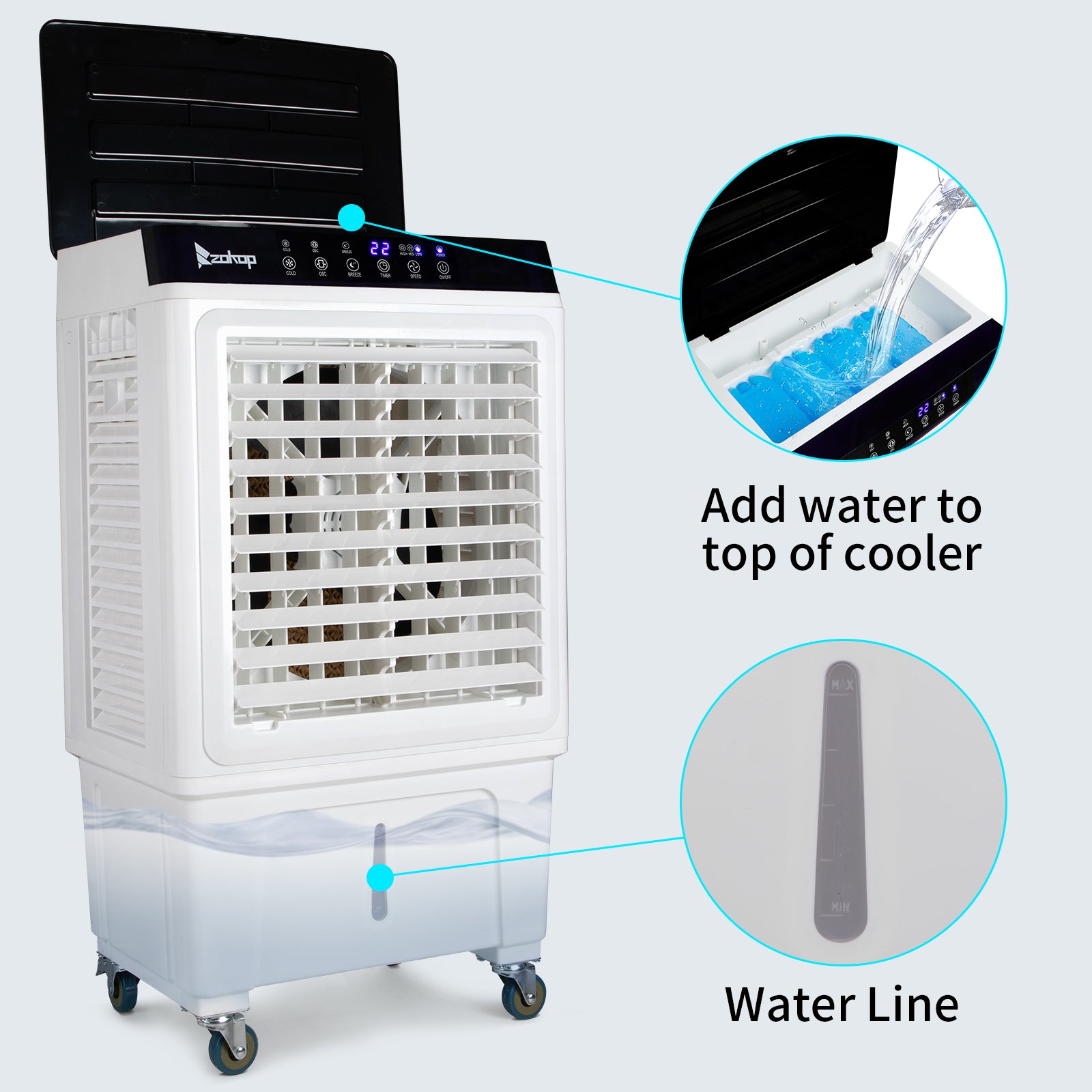 US STOCK FREE SHIPPING 3 in 1 Portable Evaporative Cooler,Indoor,Outdoor,2353CFM Personal Air Cooler with remote ,7.93 Gal Large Water Tank & Scroll Casters, 4 Ice Packs,White