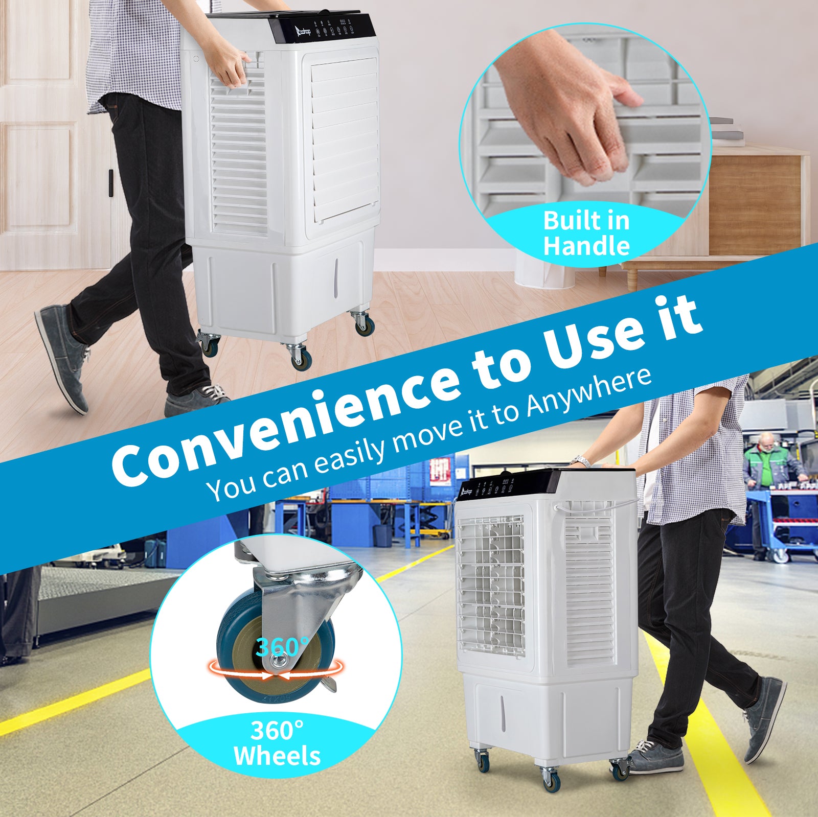 US STOCK FREE SHIPPING 3 in 1 Portable Evaporative Cooler,Indoor,Outdoor,2353CFM Personal Air Cooler with remote ,7.93 Gal Large Water Tank & Scroll Casters, 4 Ice Packs,White
