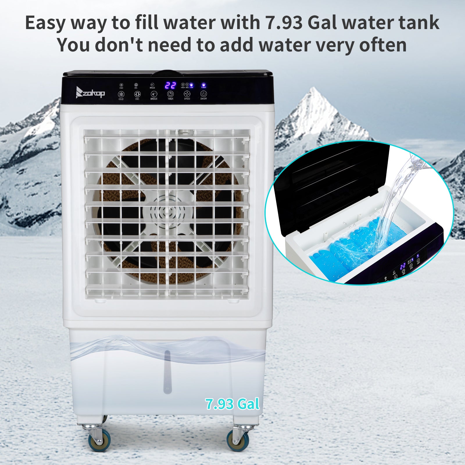 US STOCK FREE SHIPPING 3 in 1 Portable Evaporative Cooler,Indoor,Outdoor,2353CFM Personal Air Cooler with remote ,7.93 Gal Large Water Tank & Scroll Casters, 4 Ice Packs,White
