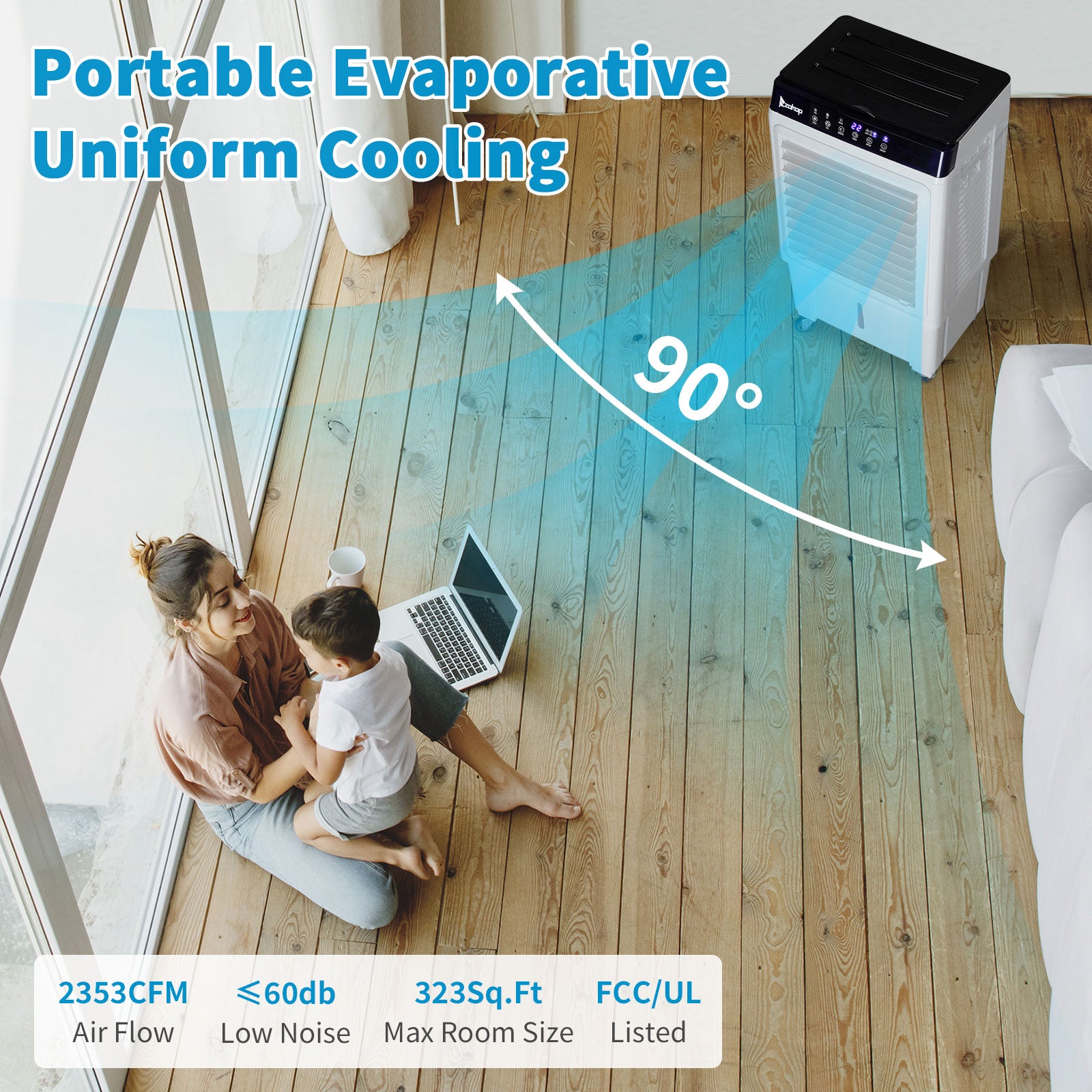 US STOCK FREE SHIPPING 3 in 1 Portable Evaporative Cooler,Indoor,Outdoor,2353CFM Personal Air Cooler with remote ,7.93 Gal Large Water Tank & Scroll Casters, 4 Ice Packs,White