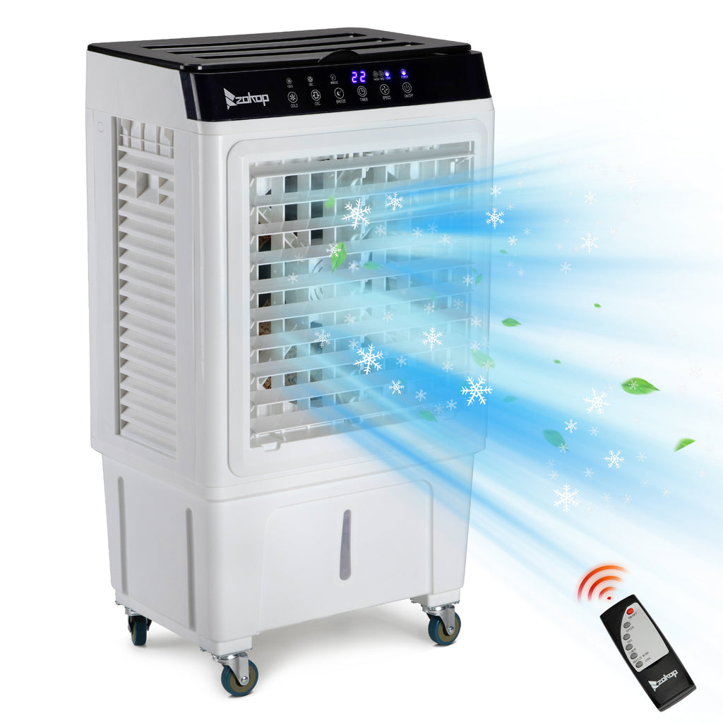 US STOCK FREE SHIPPING 3 in 1 Portable Evaporative Cooler,Indoor,Outdoor,2353CFM Personal Air Cooler with remote ,7.93 Gal Large Water Tank & Scroll Casters, 4 Ice Packs,White