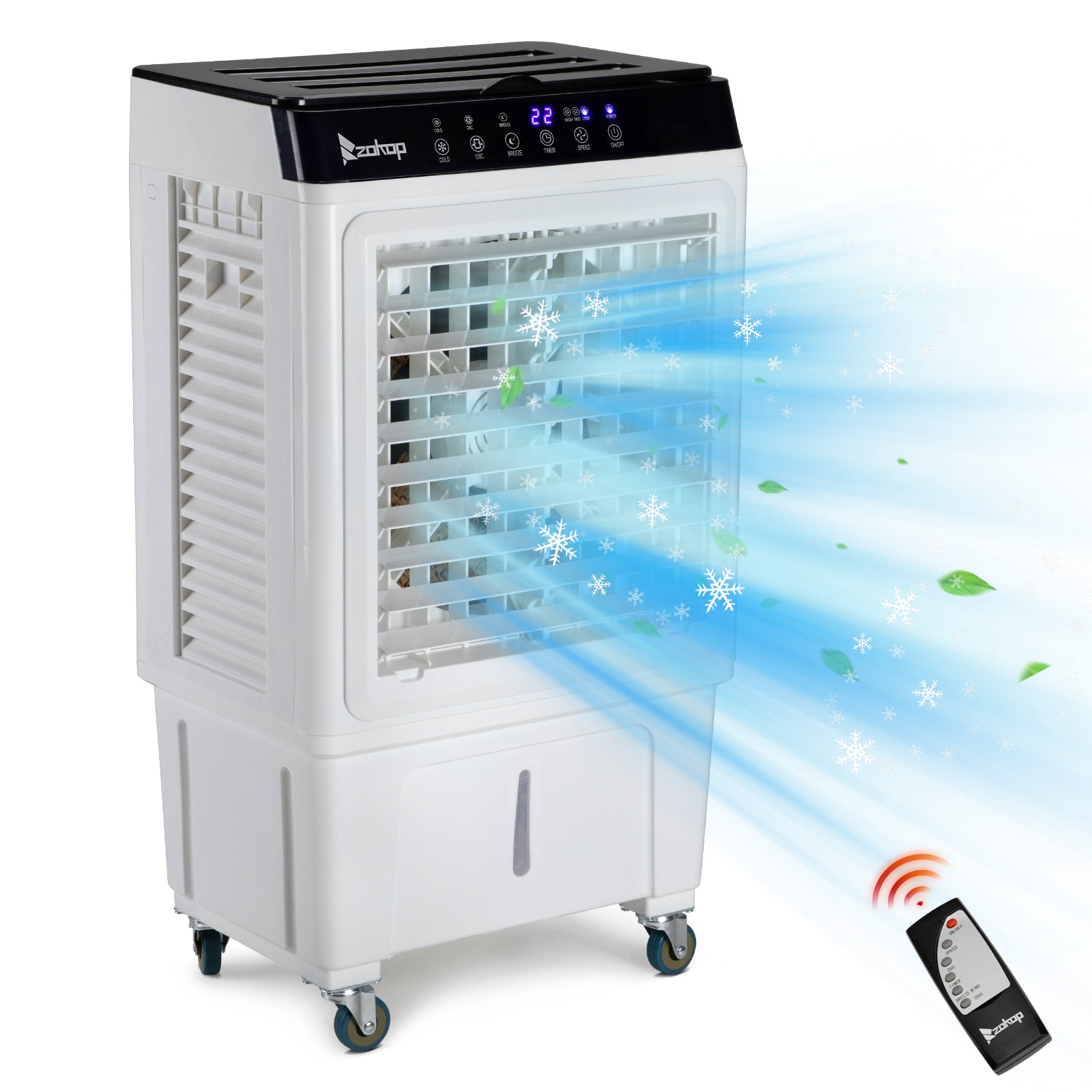 US STOCK FREE SHIPPING 3 in 1 Portable Evaporative Cooler,Indoor,Outdoor,2353CFM Personal Air Cooler with remote ,7.93 Gal Large Water Tank & Scroll Casters, 4 Ice Packs,White
