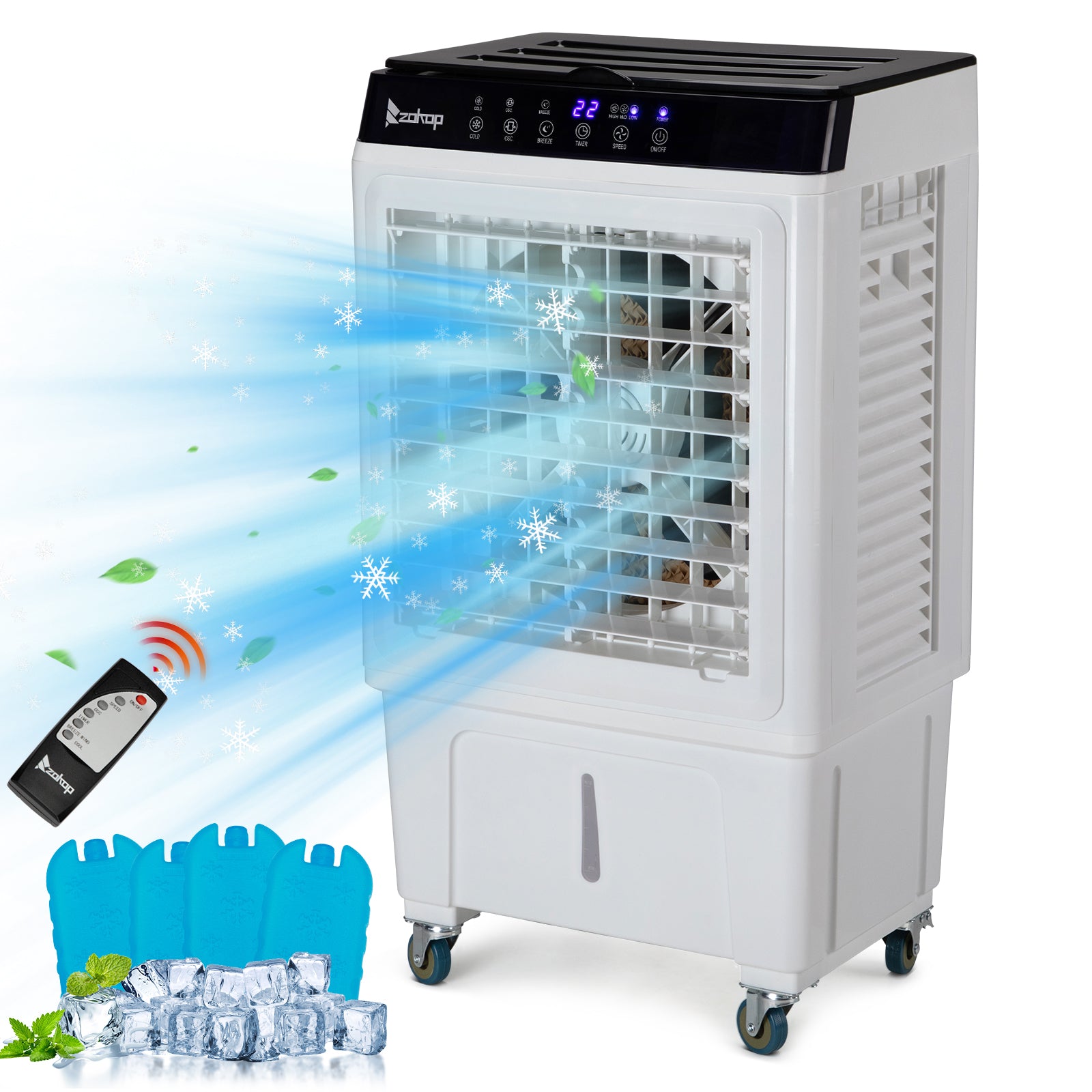 US STOCK FREE SHIPPING 3 in 1 Portable Evaporative Cooler,Indoor,Outdoor,2353CFM Personal Air Cooler with remote ,7.93 Gal Large Water Tank & Scroll Casters, 4 Ice Packs,White