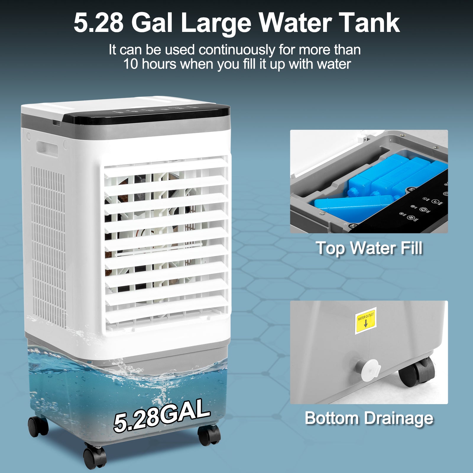 US STOCK FREE SHIPPING 3 in 1 Portable Evaporative Cooler,720R,Indoor,Outdoor,461CFM Air Cooler with remote,Copper motor,5.28 Gal Water Tank & Scroll Casters, 4 Ice Packs,12H timer settings,Gray and White