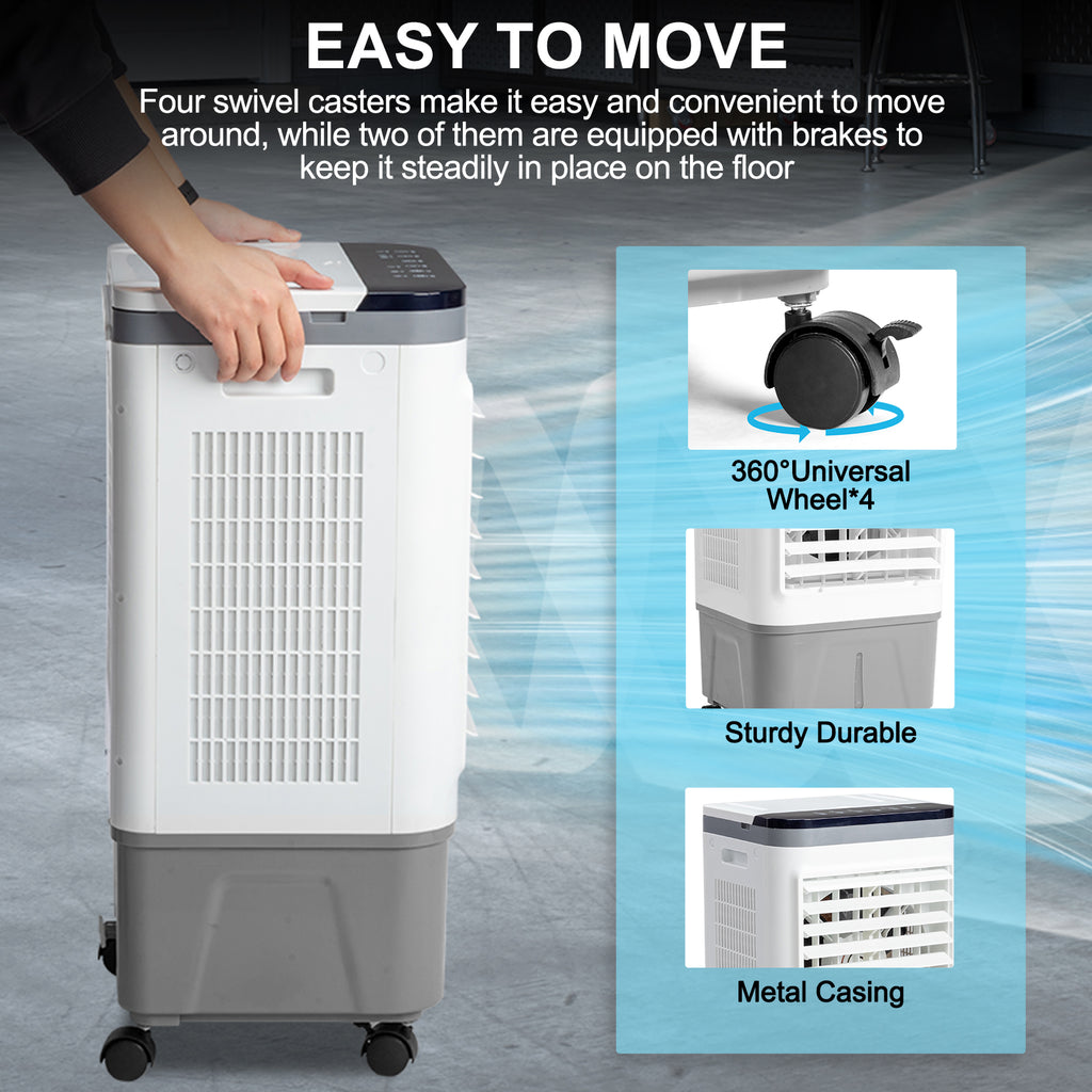 US STOCK FREE SHIPPING 3 in 1 Portable Evaporative Cooler,720R,Indoor,Outdoor,461CFM Air Cooler with remote,Copper motor,5.28 Gal Water Tank & Scroll Casters, 4 Ice Packs,12H timer settings,Gray and White