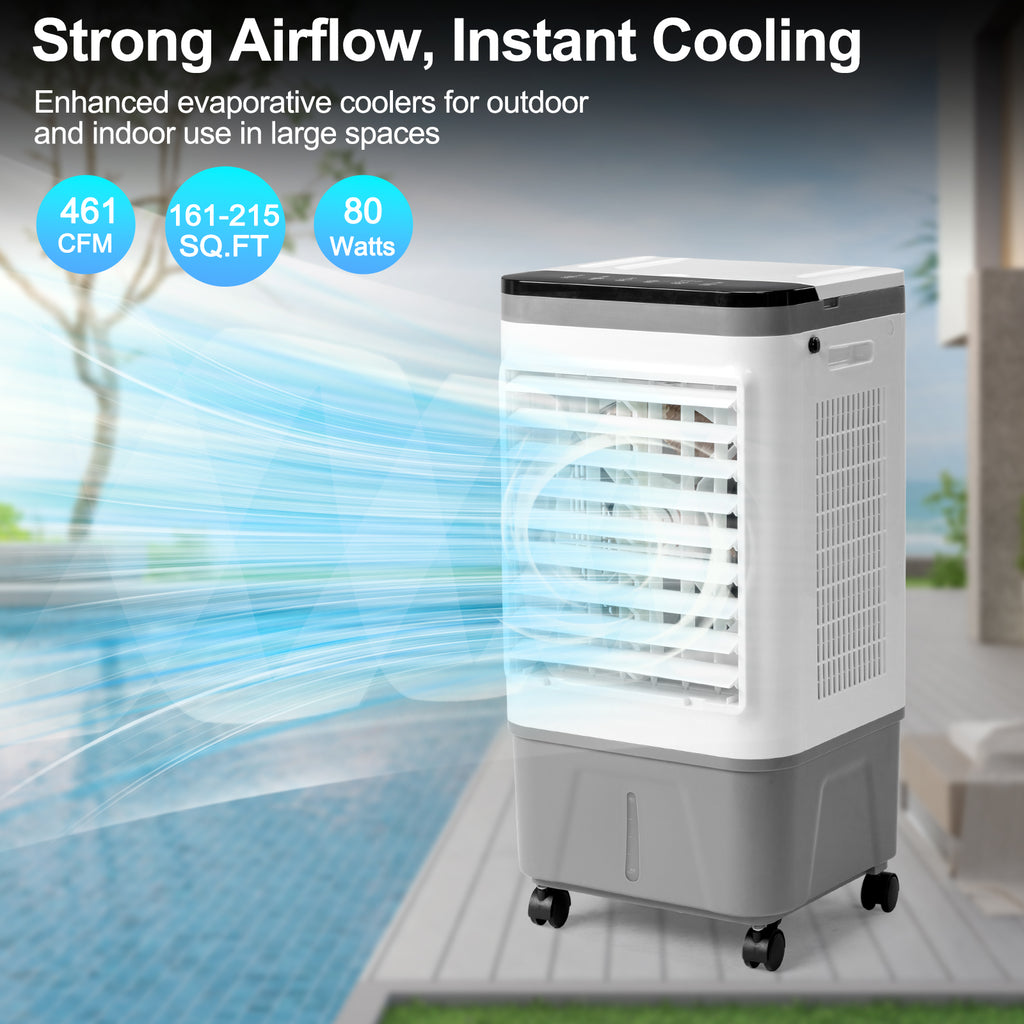 US STOCK FREE SHIPPING 3 in 1 Portable Evaporative Cooler,720R,Indoor,Outdoor,461CFM Air Cooler with remote,Copper motor,5.28 Gal Water Tank & Scroll Casters, 4 Ice Packs,12H timer settings,Gray and White