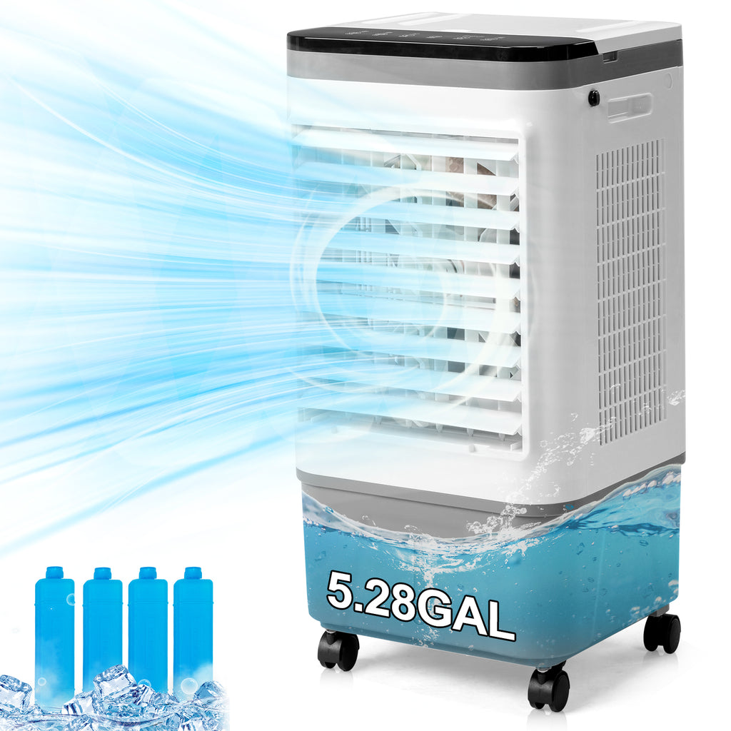 US STOCK FREE SHIPPING 3 in 1 Portable Evaporative Cooler,720R,Indoor,Outdoor,461CFM Air Cooler with remote,Copper motor,5.28 Gal Water Tank & Scroll Casters, 4 Ice Packs,12H timer settings,Gray and White