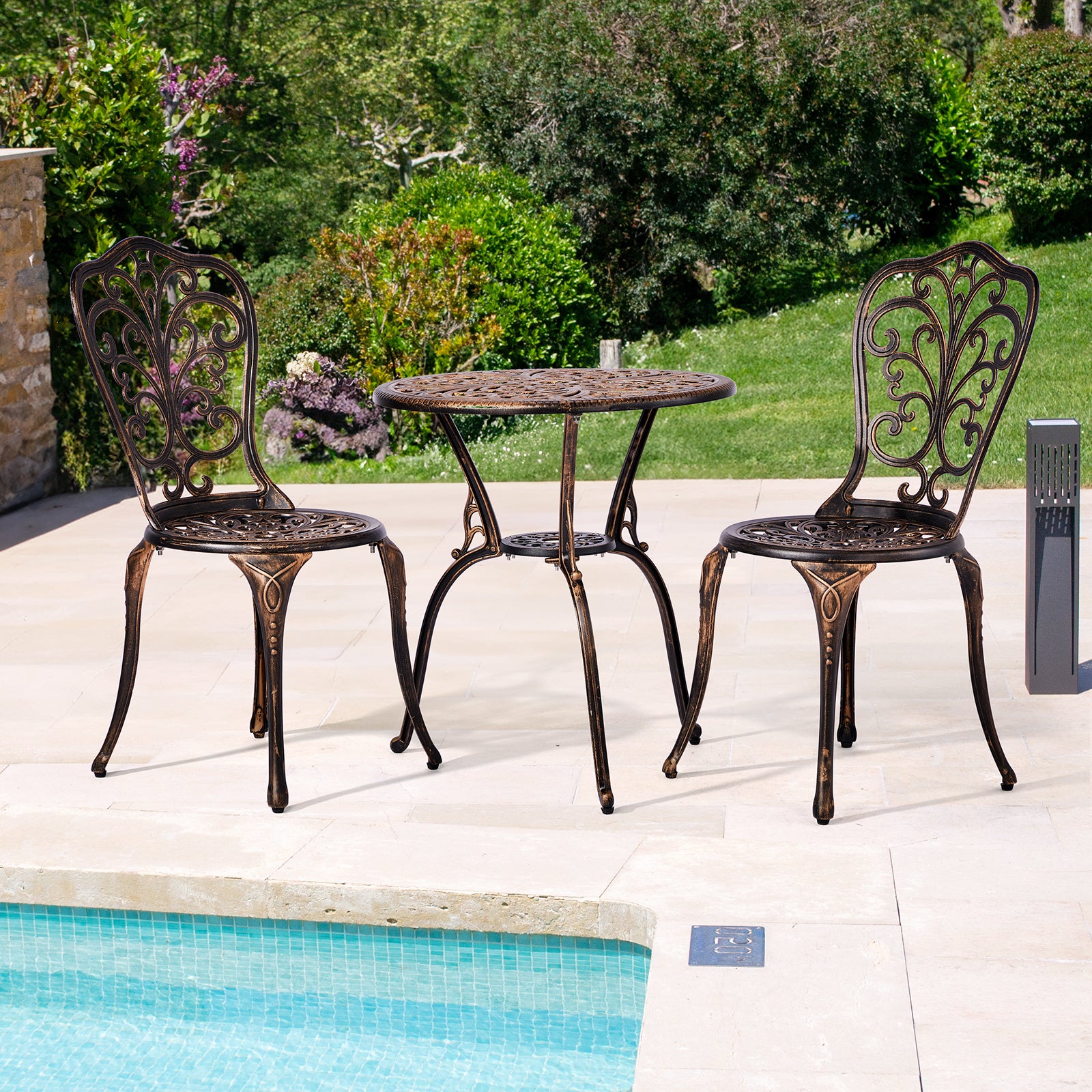 3-Piece Outdoor Bistro Set – All-Weather Cast Aluminum Patio Table & Chairs with Umbrella Hole | Free Shipping