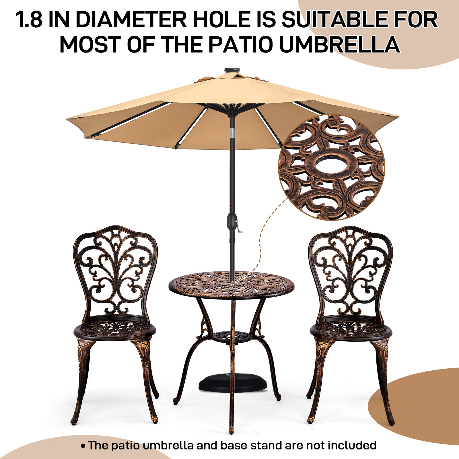 3-Piece Outdoor Bistro Set – All-Weather Cast Aluminum Patio Table & Chairs with Umbrella Hole | Free Shipping