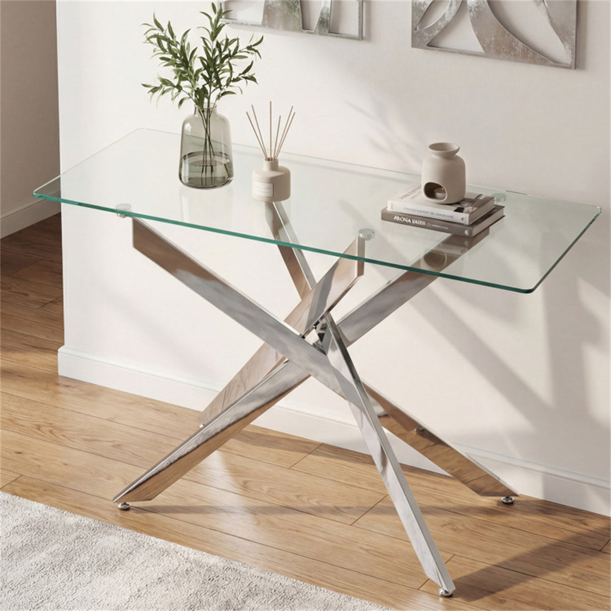 45 Inch Tempered Glass Entryway Table, Silver Chrome Metal Console Table with Adjustable Feet for Home Decor US FREE SHIPPING
