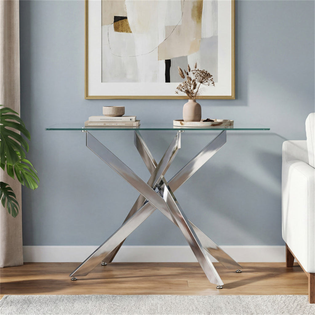 45 Inch Tempered Glass Entryway Table, Silver Chrome Metal Console Table with Adjustable Feet for Home Decor US FREE SHIPPING