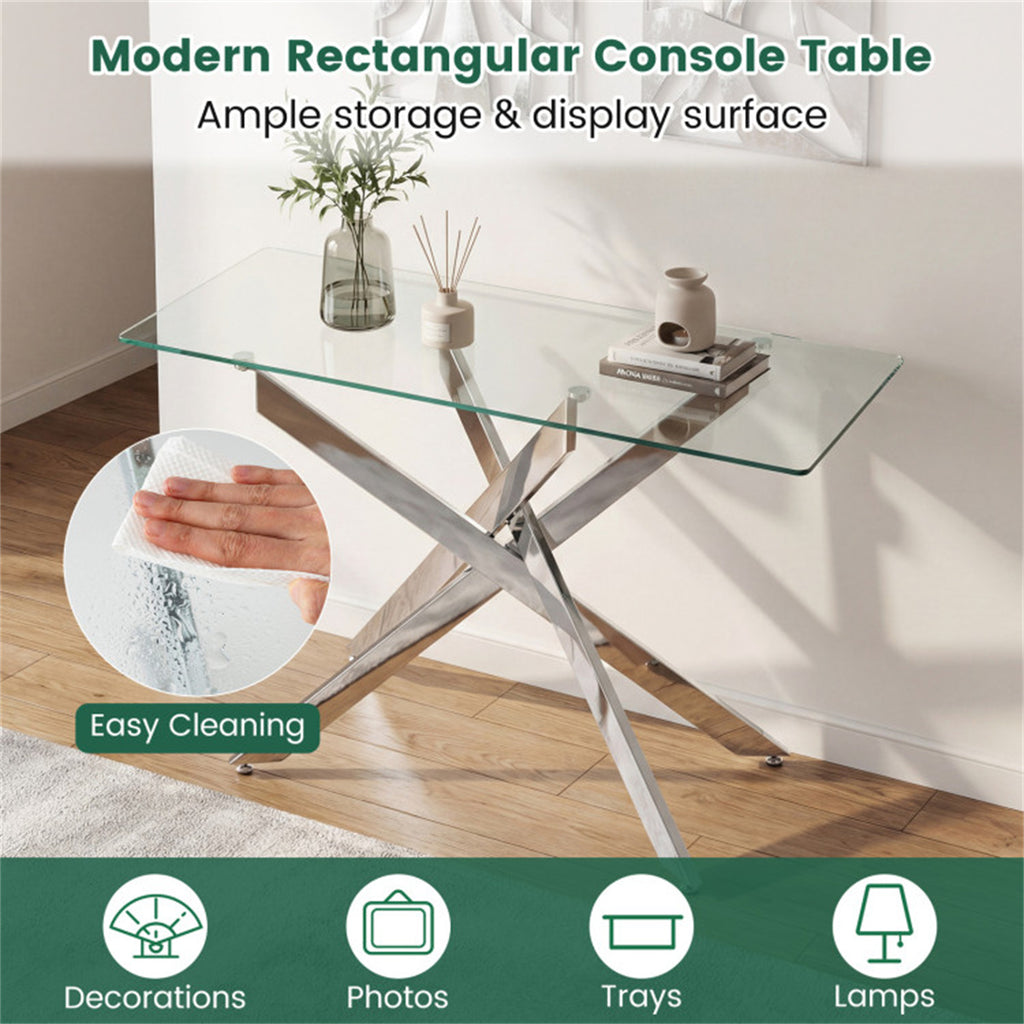 45 Inch Tempered Glass Entryway Table, Silver Chrome Metal Console Table with Adjustable Feet for Home Decor US FREE SHIPPING