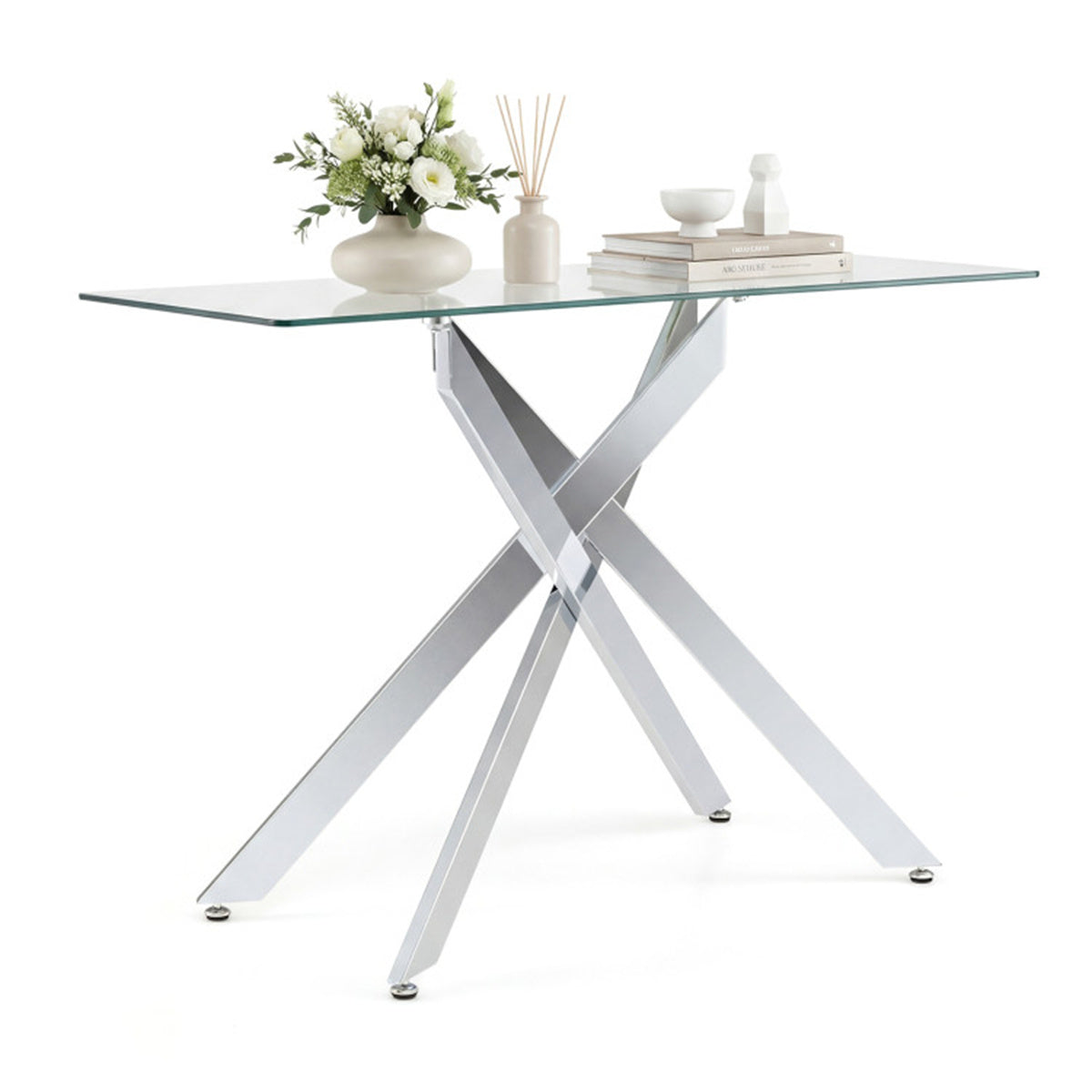 45 Inch Tempered Glass Entryway Table, Silver Chrome Metal Console Table with Adjustable Feet for Home Decor US FREE SHIPPING