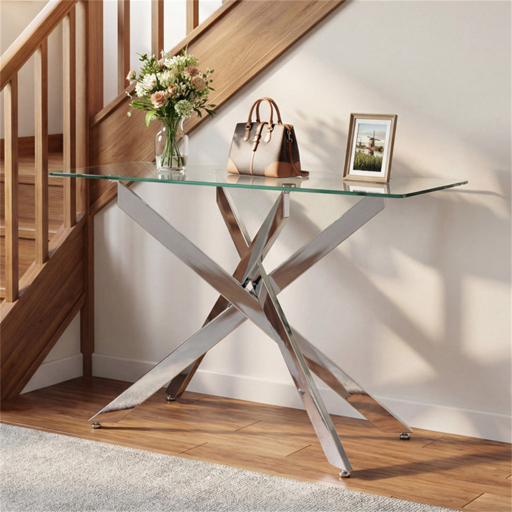 45 Inch Tempered Glass Entryway Table, Silver Chrome Metal Console Table with Adjustable Feet for Home Decor US FREE SHIPPING