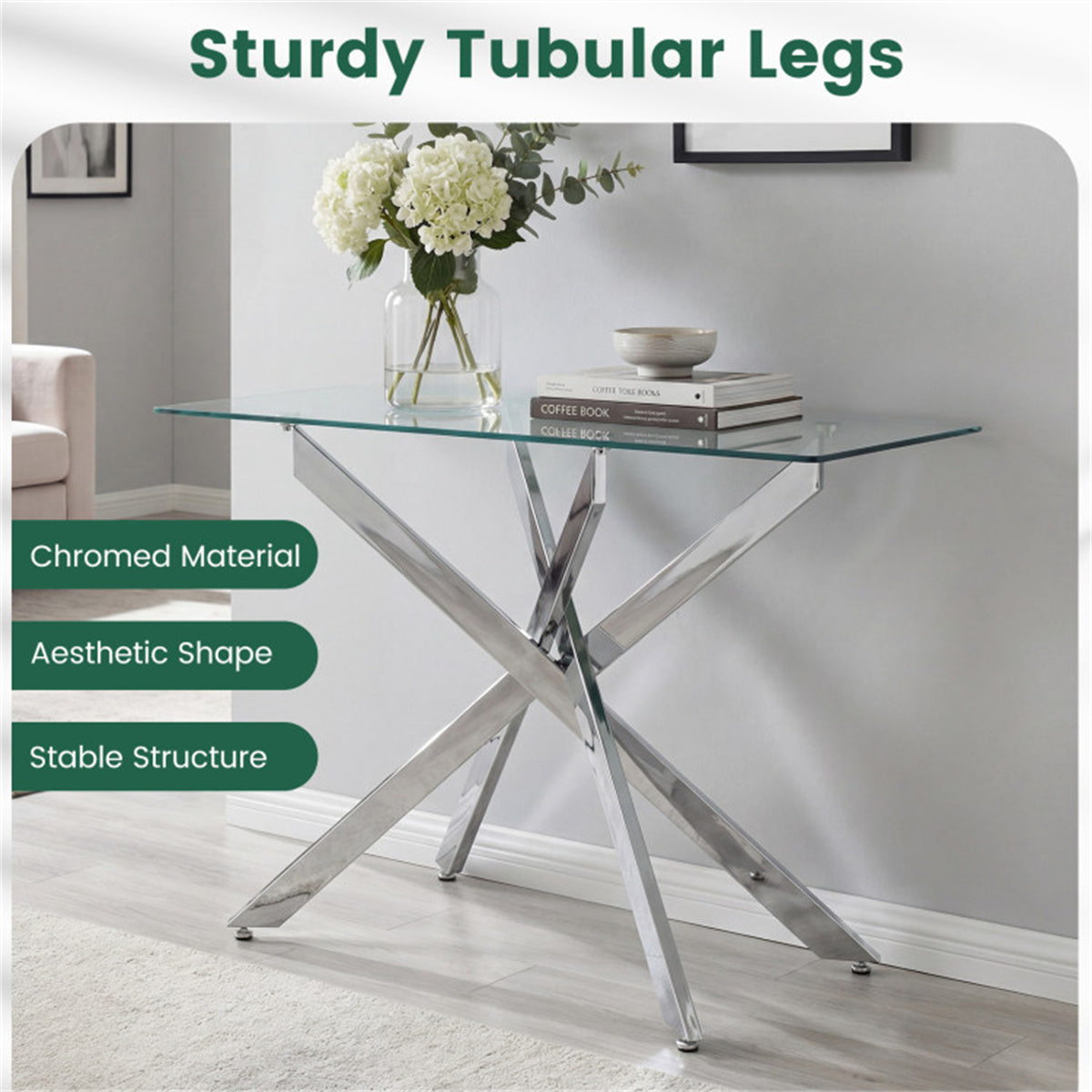45 Inch Tempered Glass Entryway Table, Silver Chrome Metal Console Table with Adjustable Feet for Home Decor US FREE SHIPPING