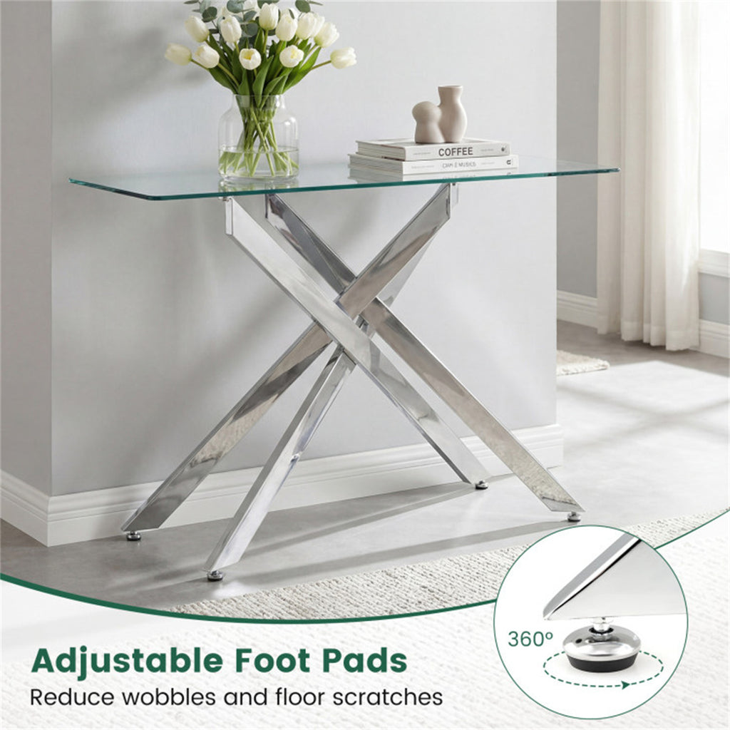 45 Inch Tempered Glass Entryway Table, Silver Chrome Metal Console Table with Adjustable Feet for Home Decor US FREE SHIPPING