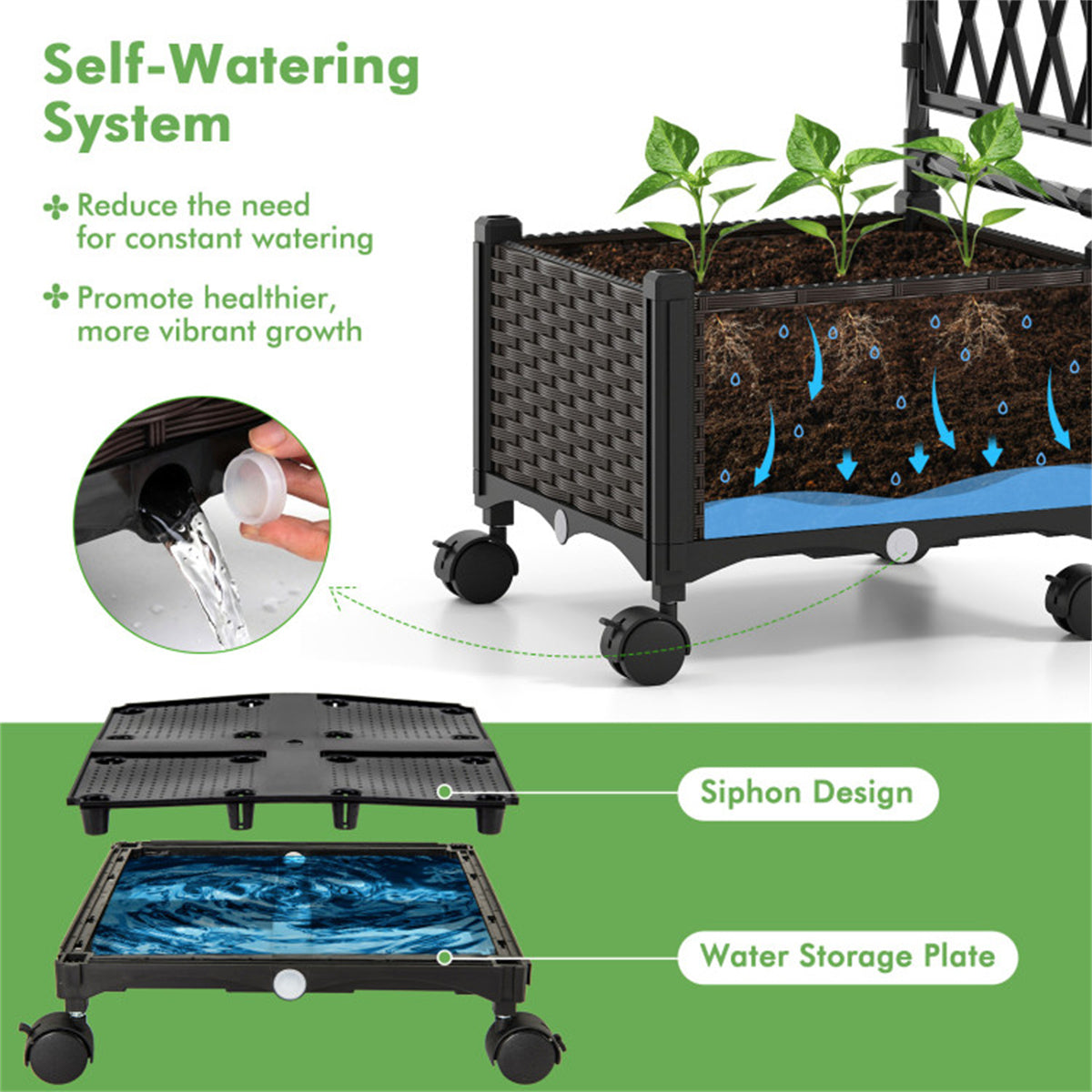 5 FT Self-Watering Vertical Raised Garden Bed with Trellis & Lockable Wheels, 2 Configurations Elevated Planter for Patio Balcony US FREE SHIPPING
